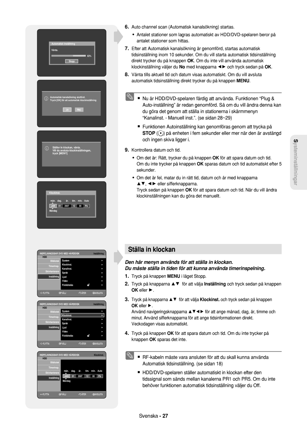 Samsung DVD-HR757/XEE manual Ställa in klockan 