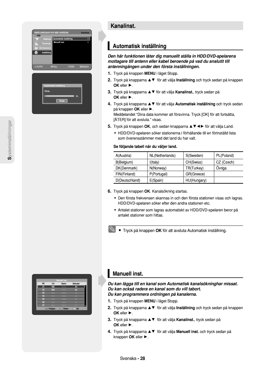 Samsung DVD-HR757/XEE manual Kanalinst, Automatisk inställning, Manuell inst, Se följande tabell när du väljer land 