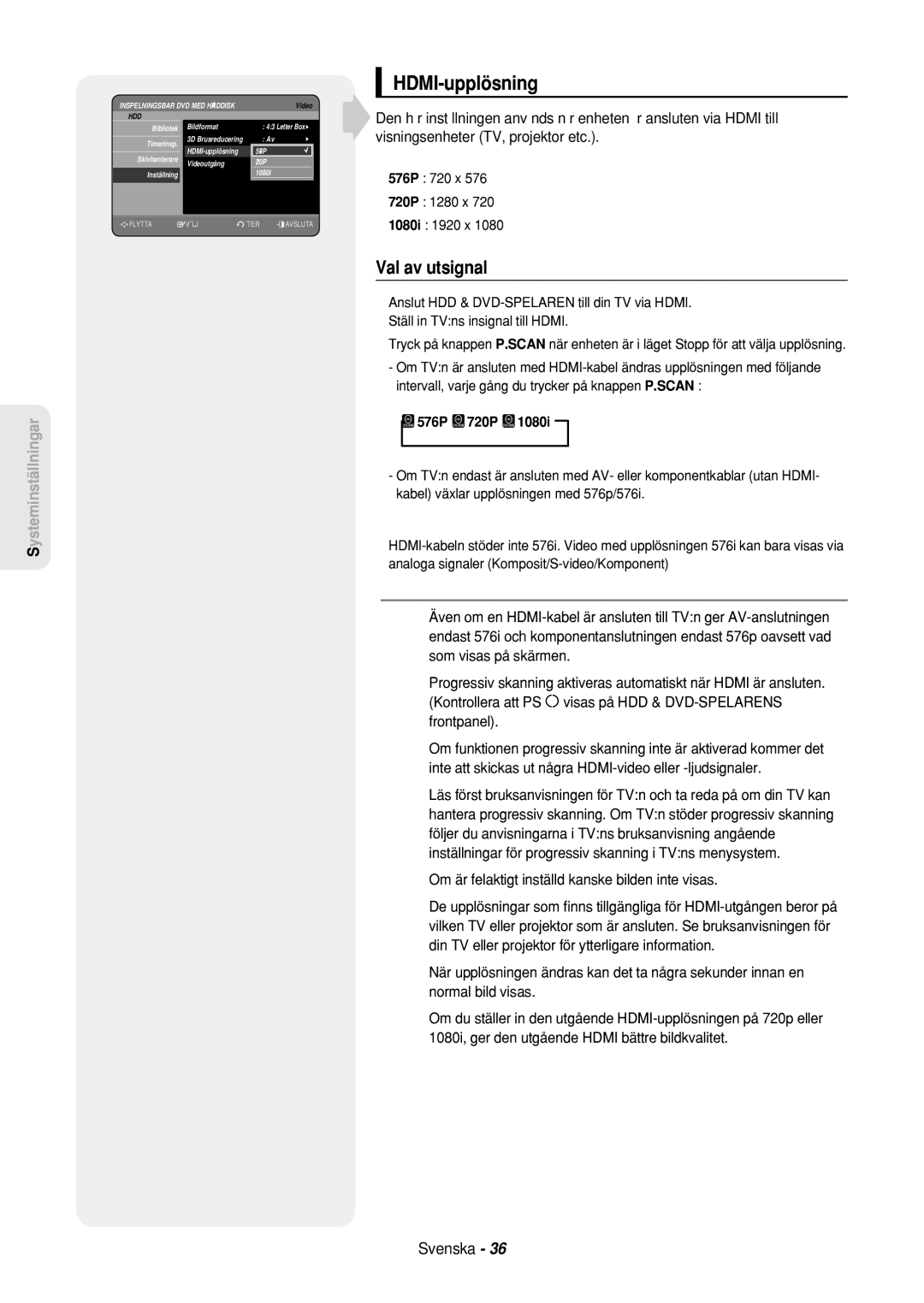 Samsung DVD-HR757/XEE manual HDMI-upplösning, 576P 720P, Bildformat Letter Box, 720P Inställning 1080i 