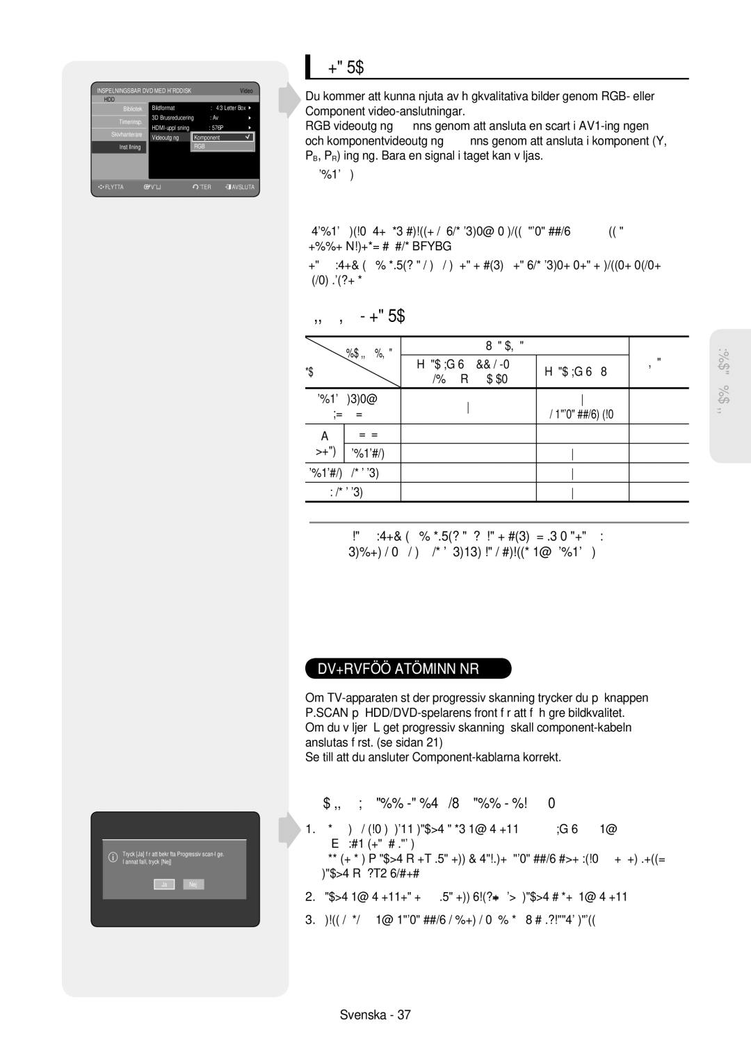 Samsung DVD-HR757/XEE manual Videoutgång, Tillgängliga videoutgångar, Ställa in Progressive scan progressiv skanning 