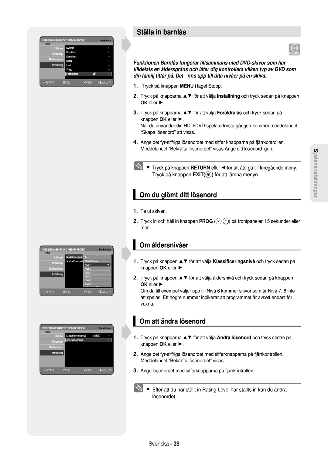 Samsung DVD-HR757/XEE manual Ställa in barnlås, Om du glömt ditt lösenord, Om åldersnivåer, Om att ändra lösenord 