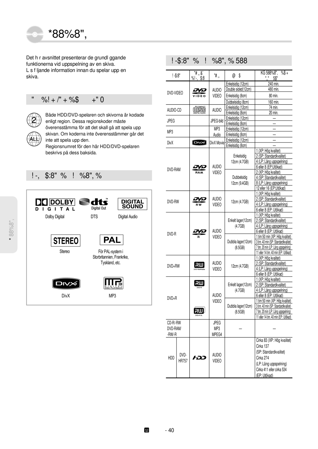 Samsung DVD-HR757/XEE Regionskod endast DVD-Video, Skivlogotyper som kan spelas, Skivtyper som kan spelas upp, Format 