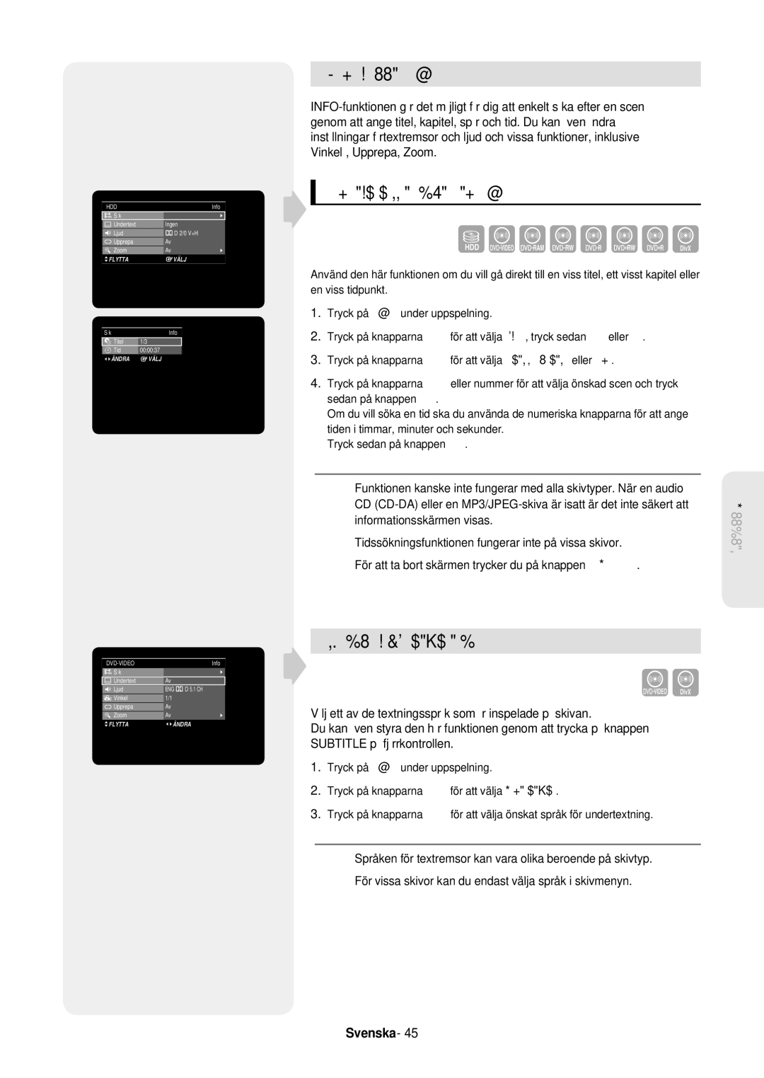 Samsung DVD-HR757/XEE manual Använda knappen Info, Välja språk för textremsor, Gå direkt till en scen med Info 