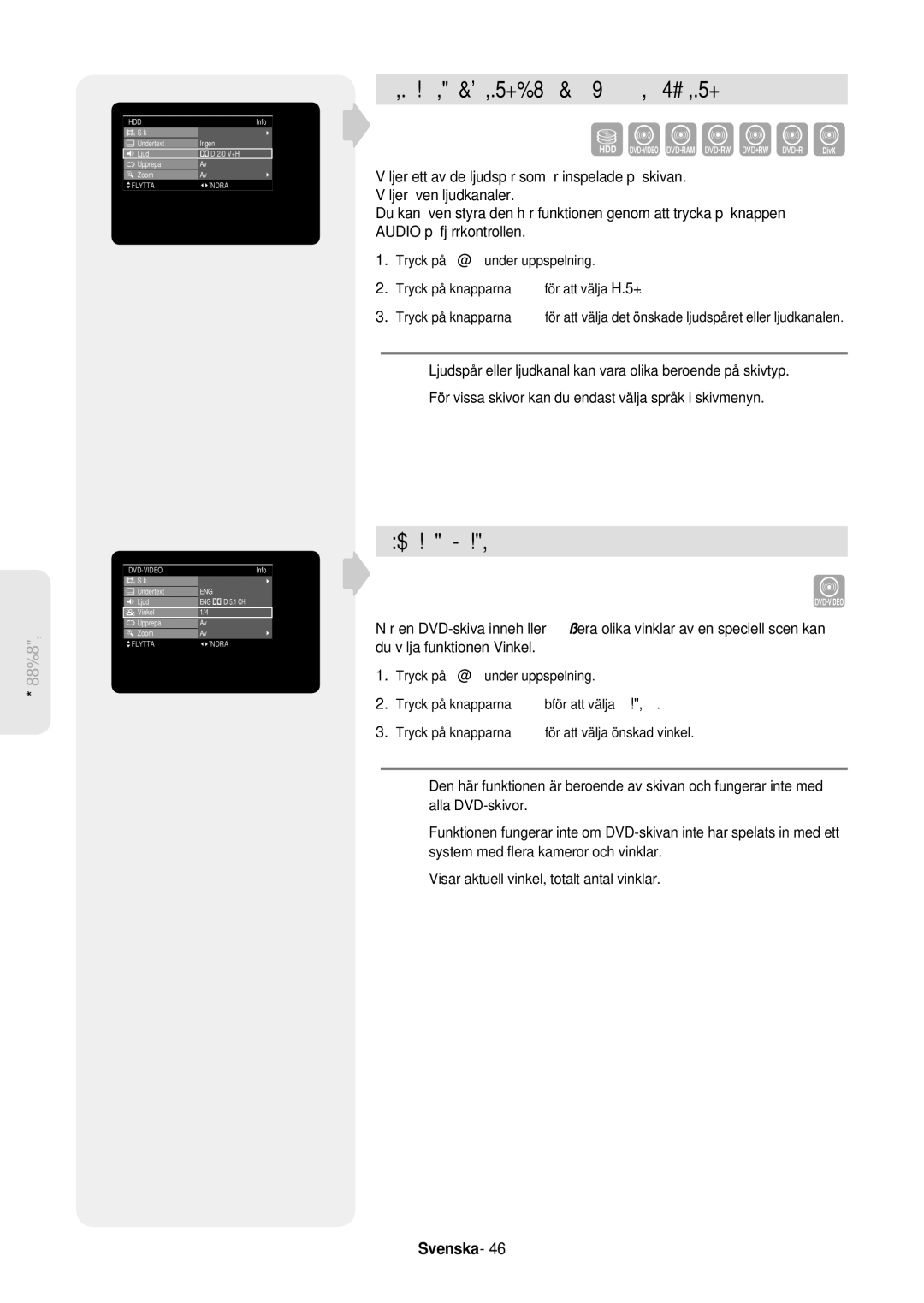 Samsung DVD-HR757/XEE manual Välja kanaler för ljudspår från ﬁlm och ljud, Byta kameravinkel, Sök Undertext 