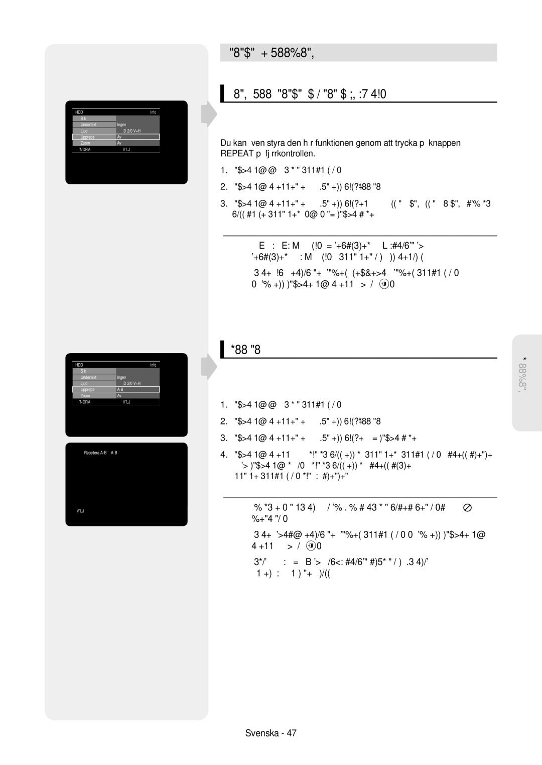 Samsung DVD-HR757/XEE manual Repeterad uppspelning, Spela upp repeterat Repeat Playback, Upprepa A-B, Repetera A-B A-B 