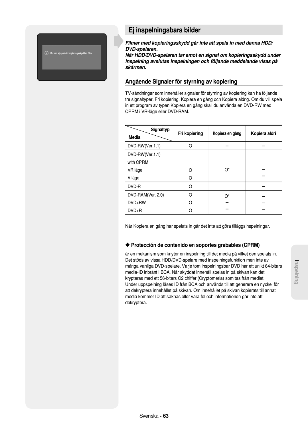 Samsung DVD-HR757/XEE Ej inspelningsbara bilder, Protección de contenido en soportes grabables Cprm, Kopiera aldri, Media 