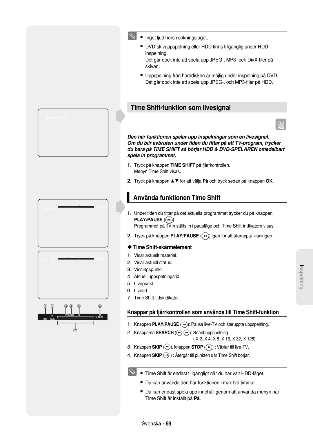 Samsung DVD-HR757/XEE manual Time Shift-funktion som livesignal, Använda funktionen Time Shift, Time Shift-skärmelement 