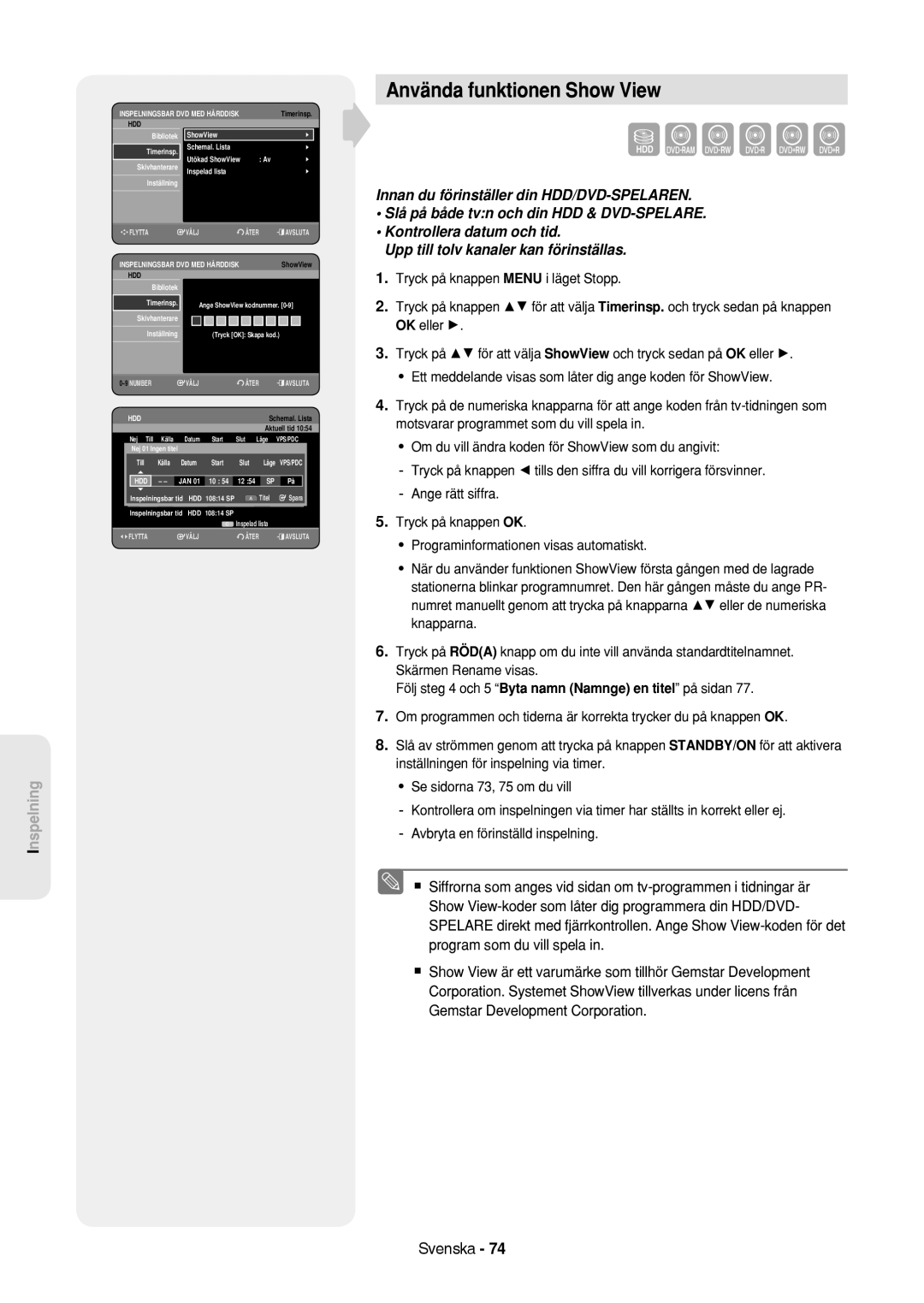 Samsung DVD-HR757/XEE Använda funktionen Show View, Bibliotek ShowView, Timerinsp Utökad ShowView, Bibliotek Timerinsp 