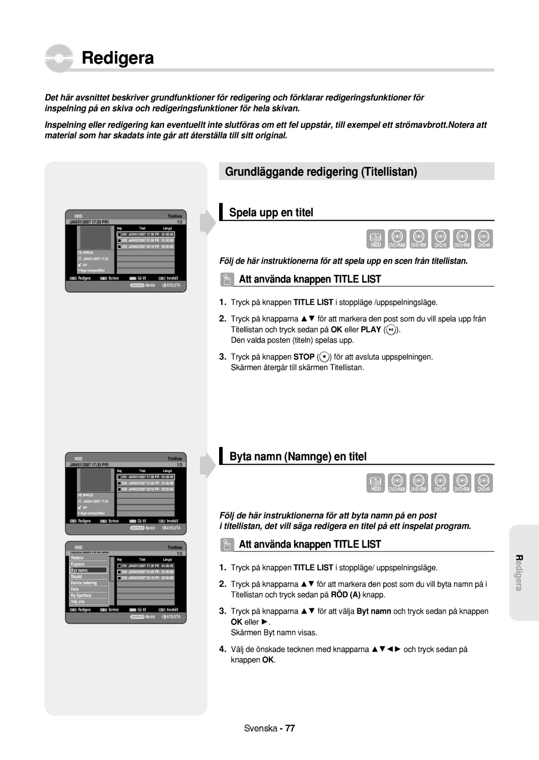 Samsung DVD-HR757/XEE manual Grundläggande redigering Titellistan, Spela upp en titel, Byta namn Namnge en titel 