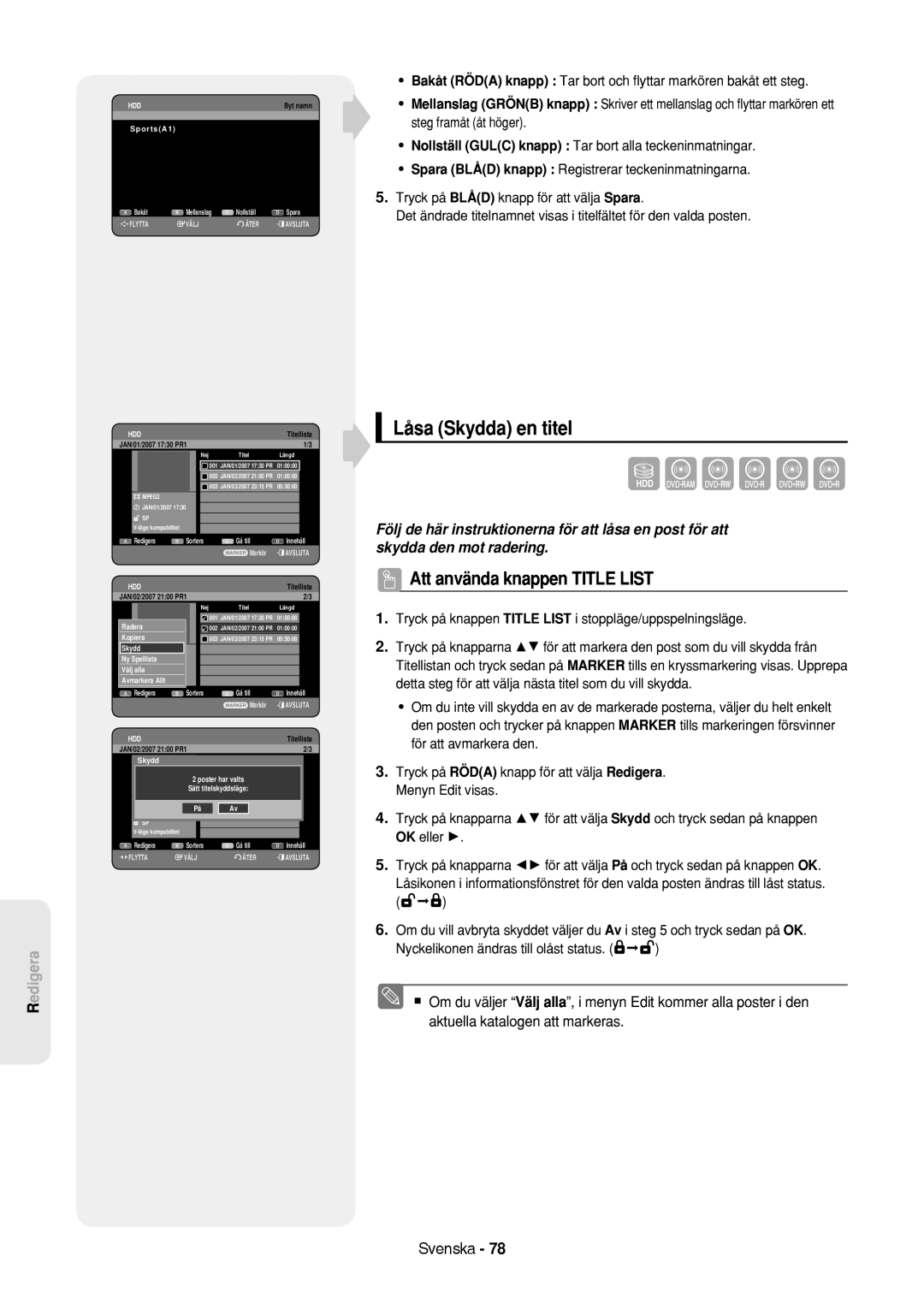 Samsung DVD-HR757/XEE manual Låsa Skydda en titel, SportsA1, Välj1allaSP, JAN/02/2007 2100 PR1 Skydd 