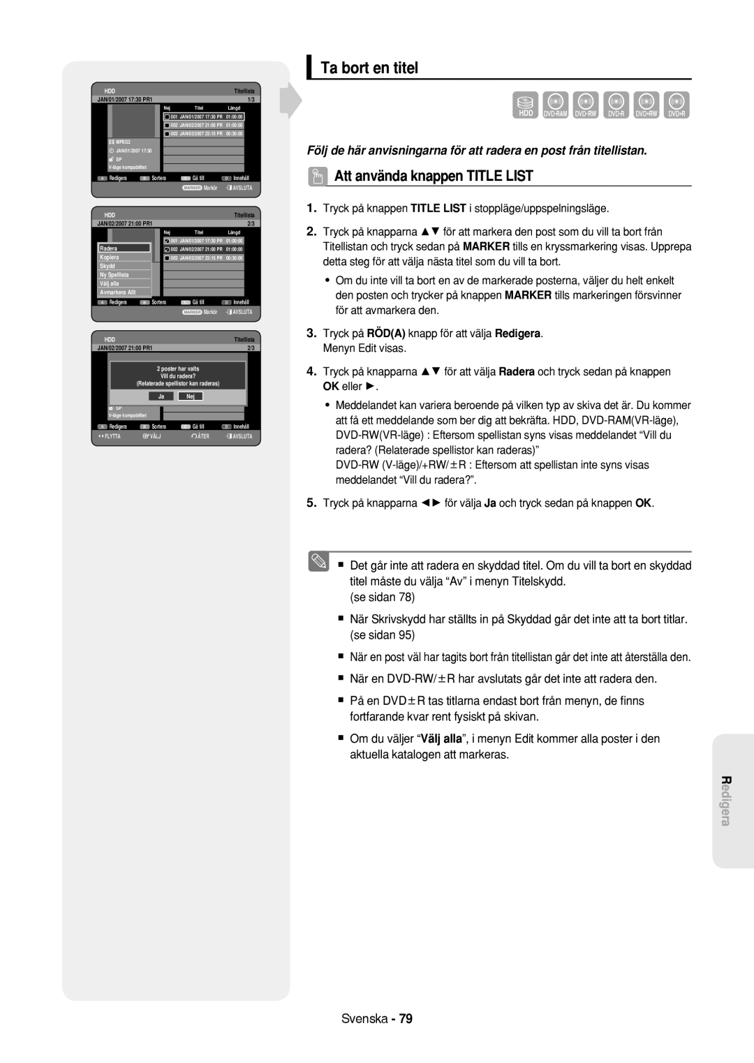 Samsung DVD-HR757/XEE manual Ta bort en titel, Skydd 3 MPEG2, Allt, Poster har valts, Vill du radera? 