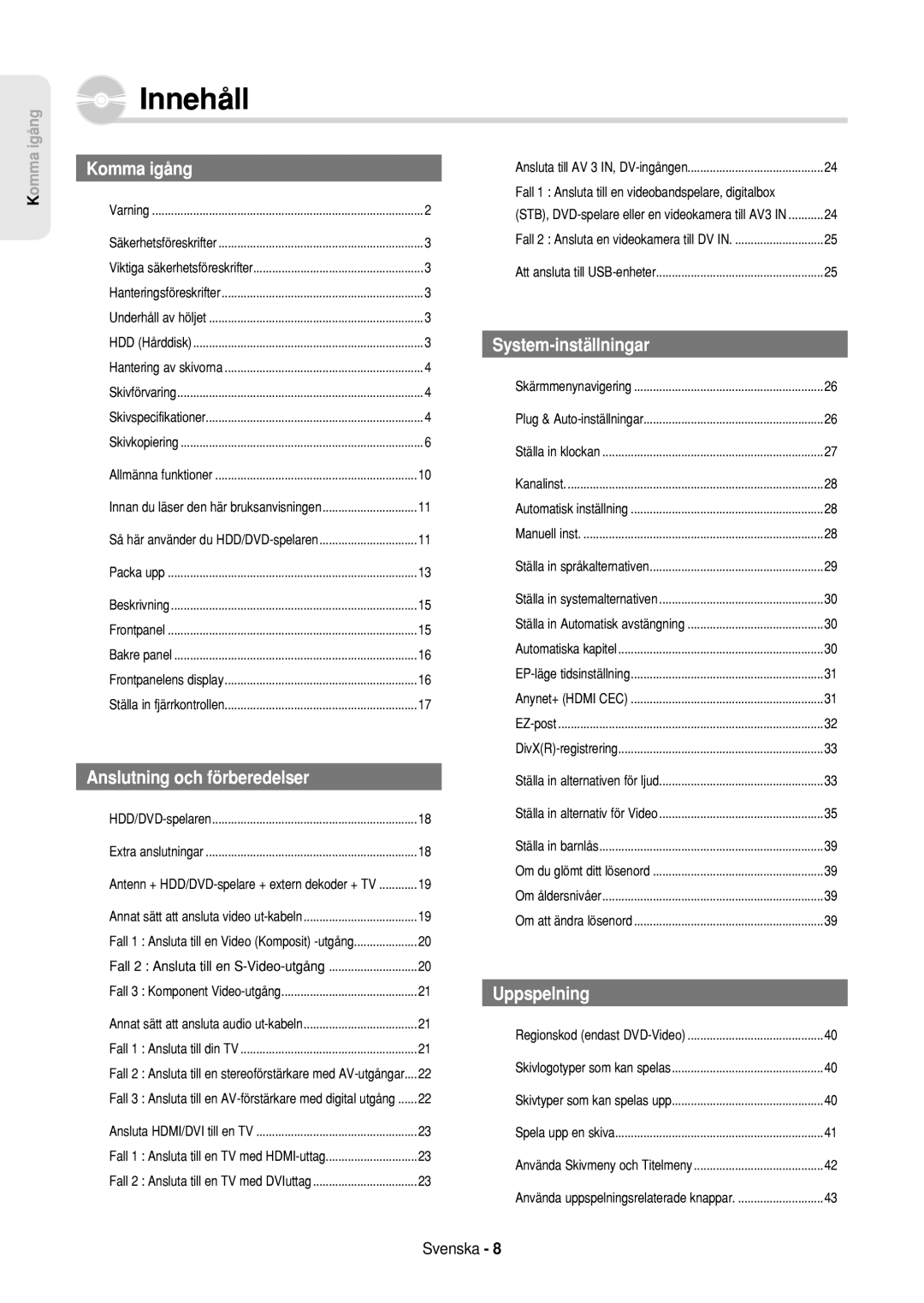 Samsung DVD-HR757/XEE manual Innehåll 