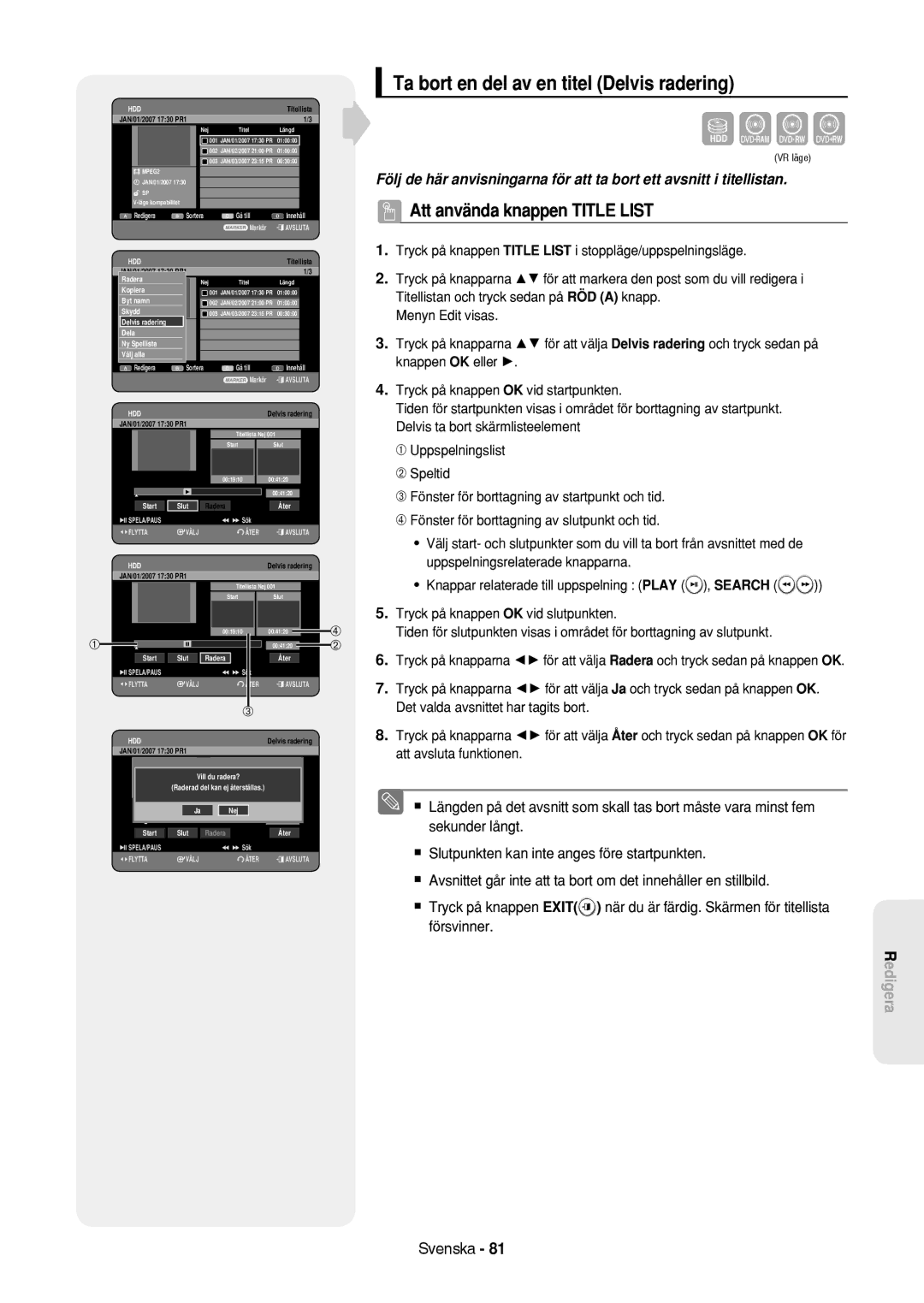 Samsung DVD-HR757/XEE manual Ta bort en del av en titel Delvis radering, Ny Spellista1 SP, Start Slut Radera Åter 