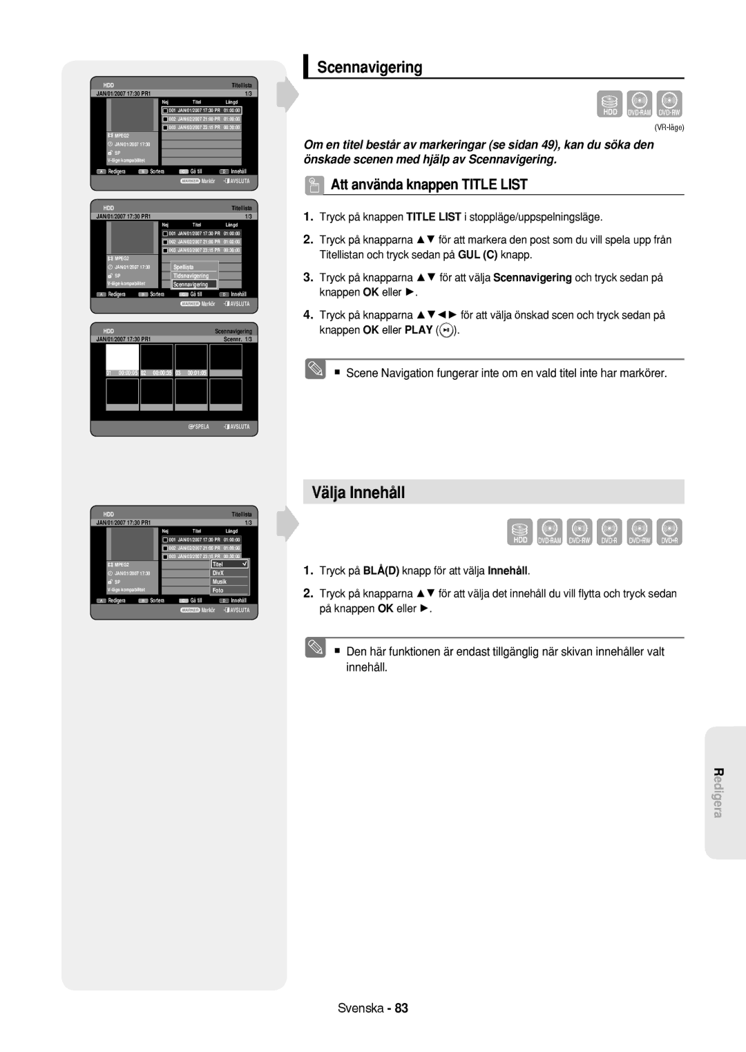 Samsung DVD-HR757/XEE manual Välja Innehåll, Scennavigering, 01 000005 02 000035 03 