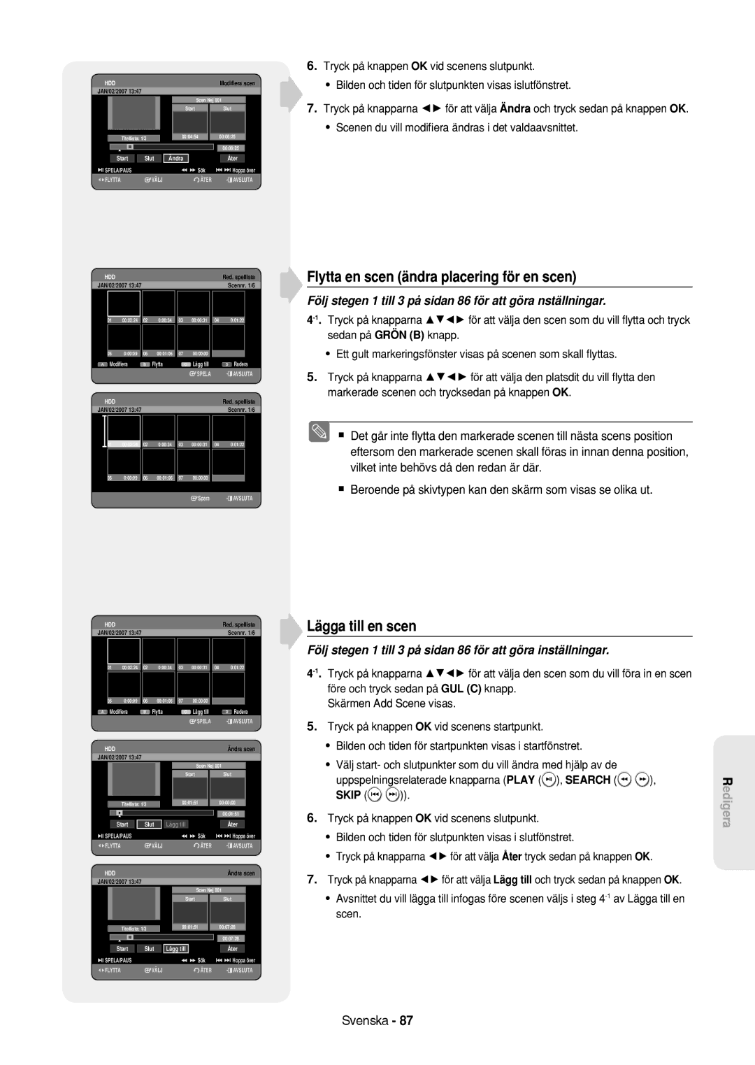 Samsung DVD-HR757/XEE manual Följ stegen 1 till 3 på sidan 86 för att göra nställningar, Start Slut Ändra, Scennr /6 