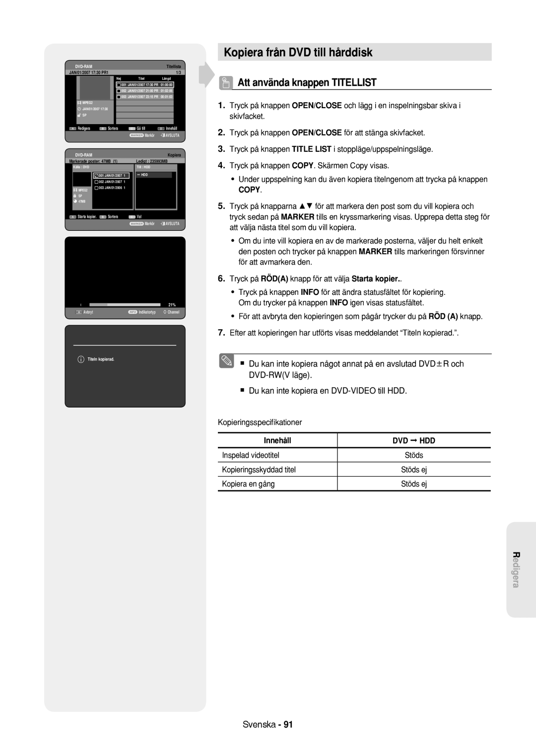 Samsung DVD-HR757/XEE manual Kopiera från DVD till hårddisk, Att använda knappen Titellist 