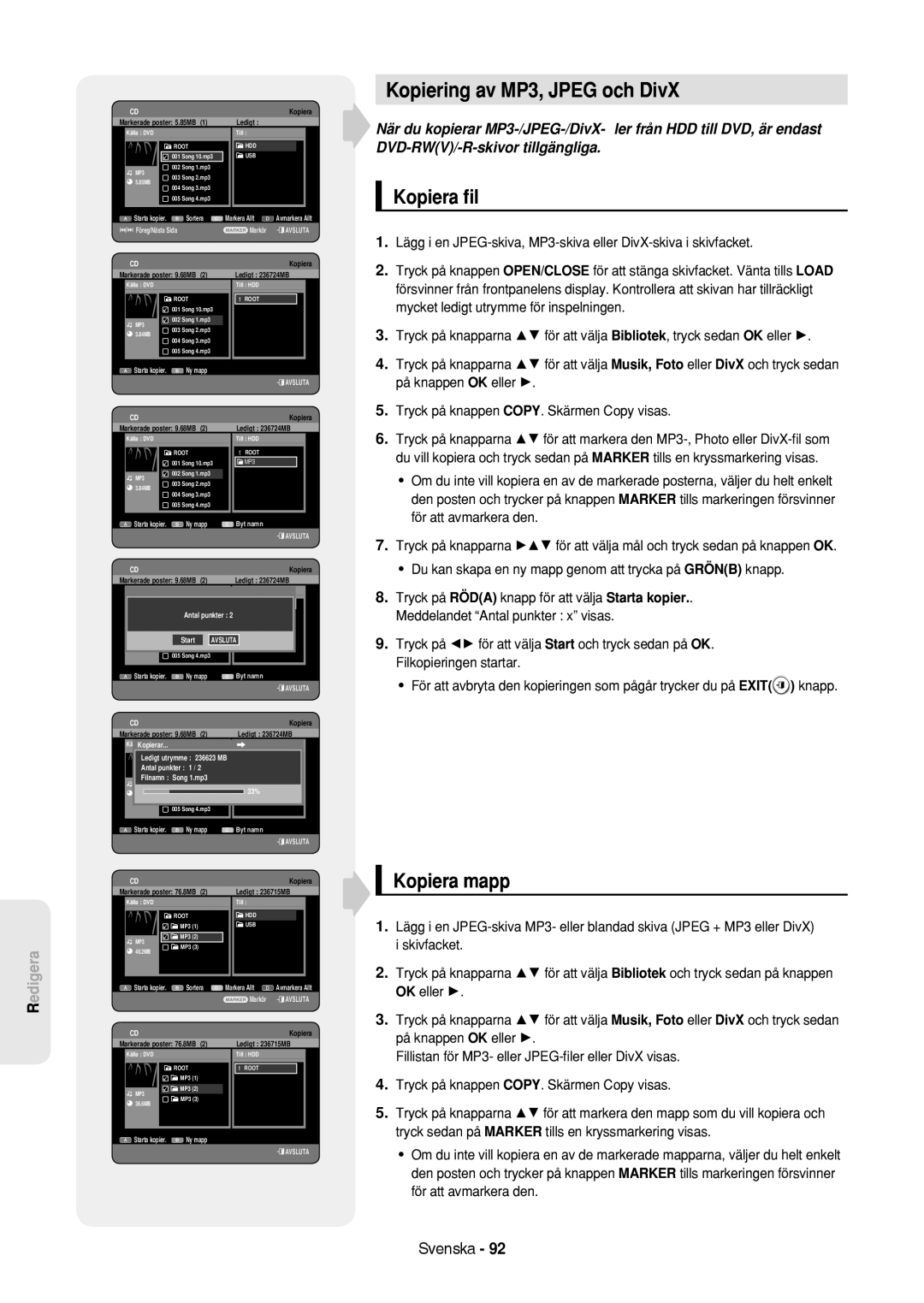 Samsung DVD-HR757/XEE manual Kopiering av MP3, Jpeg och DivX, Kopiera ﬁl, Kopiera mapp 