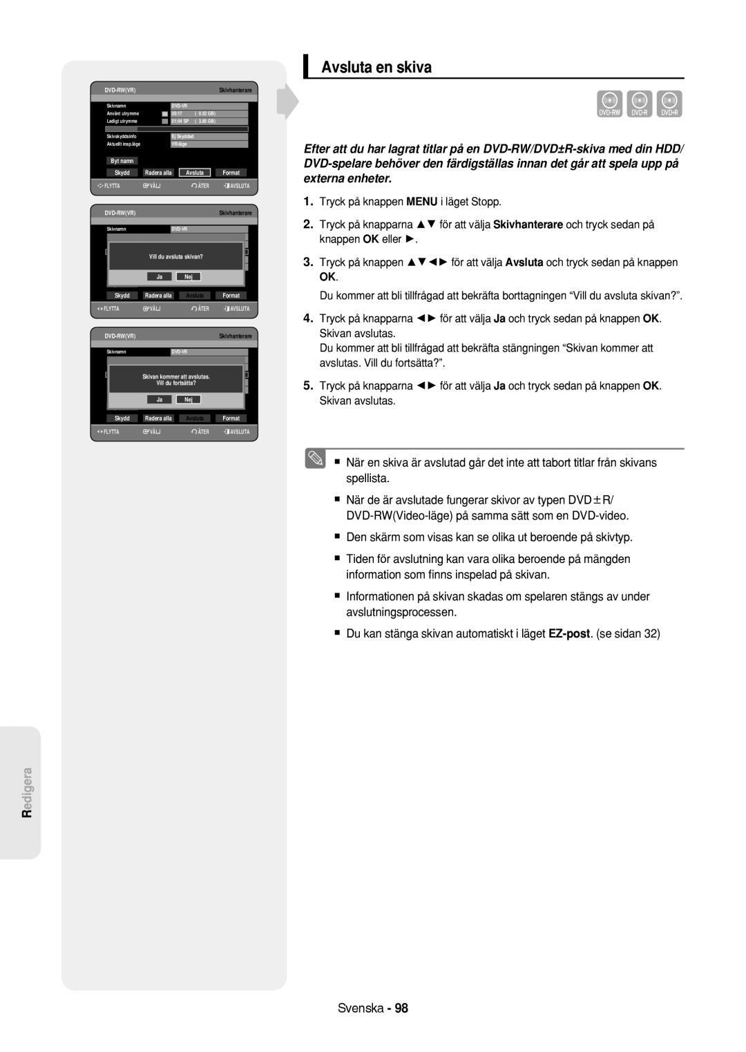 Samsung DVD-HR757/XEE manual Avsluta en skiva, Dvd-Rwvr 