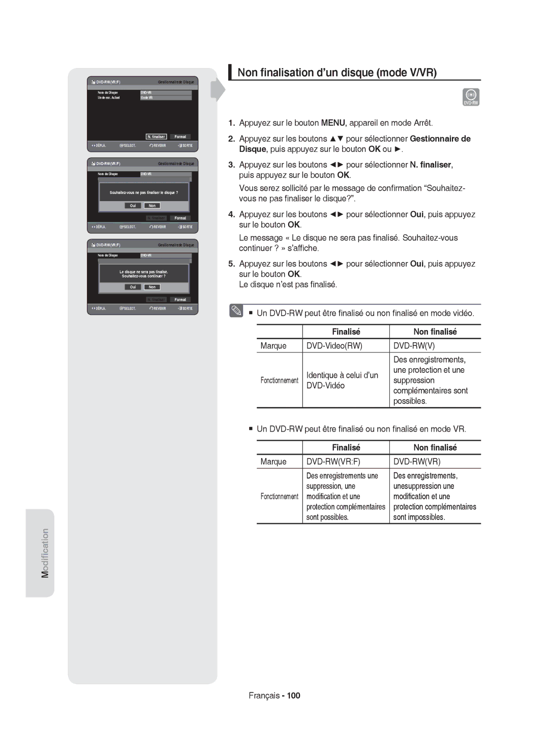 Samsung DVD-HR757/XEF manual Non ﬁnalisation d’un disque mode V/VR, Finalisé Non ﬁnalisé 