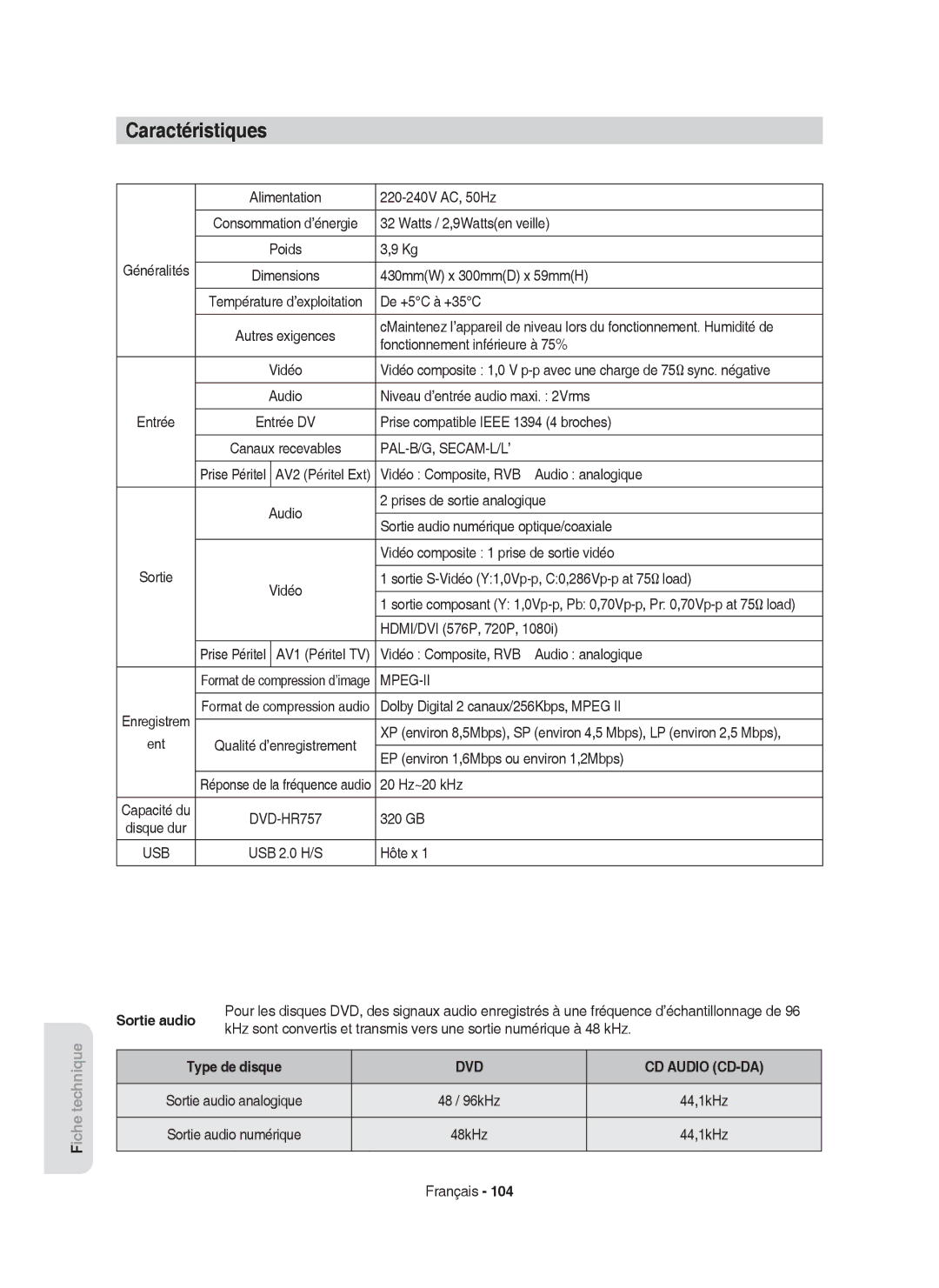 Samsung DVD-HR757/XEF manual Caractéristiques, Sortie audio, Type de disque 