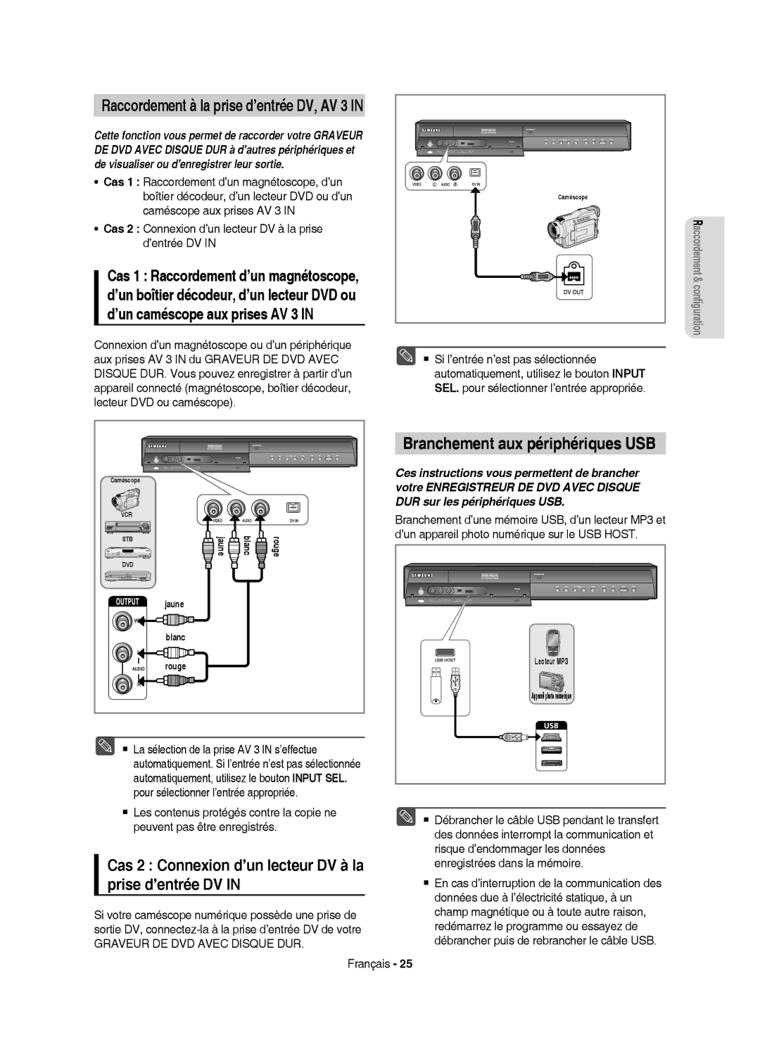 Samsung DVD-HR757/XEF manual Branchement aux périphériques USB, Cas 2 Connexion d’un lecteur DV à la prise d’entrée DV 