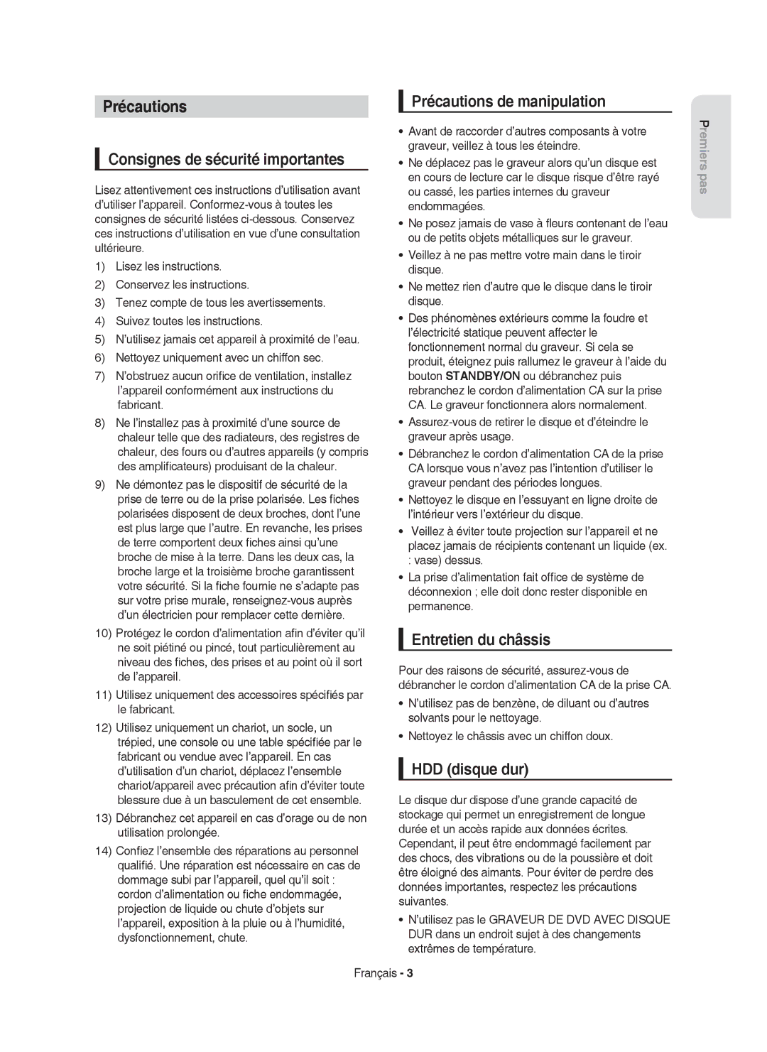 Samsung DVD-HR757/XEF manual Précautions de manipulation, Consignes de sécurité importantes, Entretien du châssis 