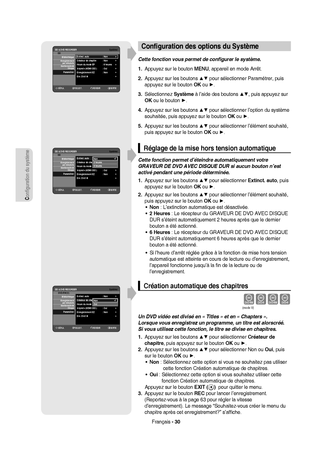 Samsung DVD-HR757/XEF manual Cvkl, Conﬁguration des options du Système, Réglage de la mise hors tension automatique 