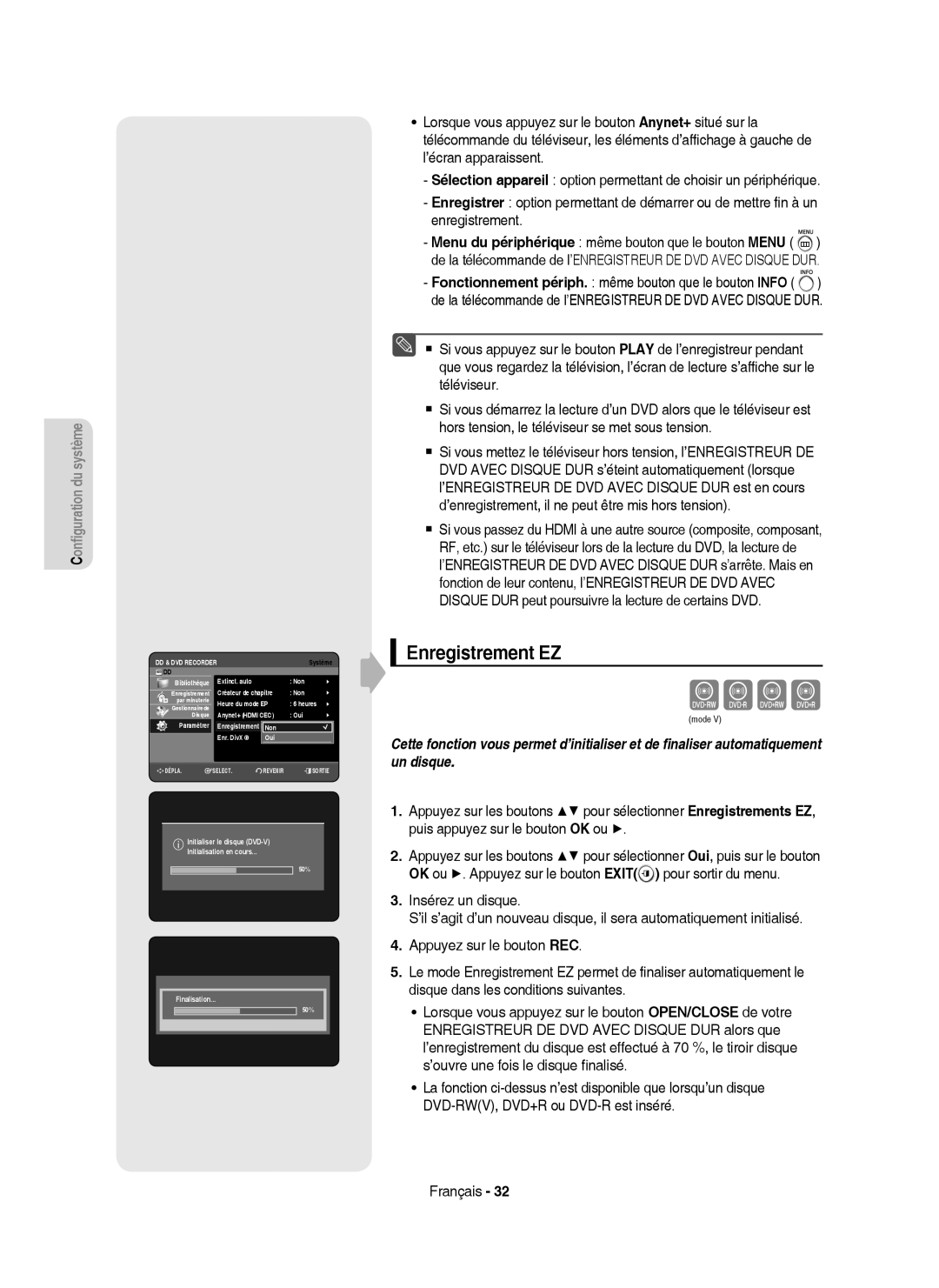 Samsung DVD-HR757/XEF manual Enregistrement EZ, Initialiser le disque DVD-V Initialisation en cours, Finalisation 