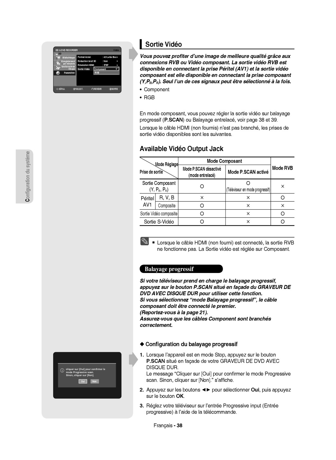 Samsung DVD-HR757/XEF manual Sortie Vidéo, Available Vidéo Output Jack, Conﬁguration du balayage progressif, Mode Composant 