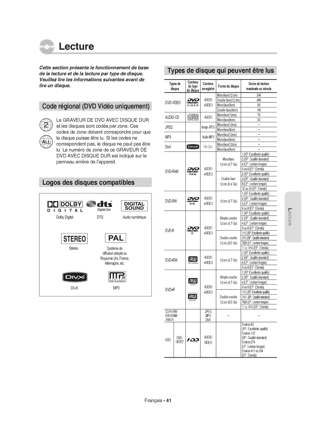 Samsung DVD-HR757/XEF manual Logos des disques compatibles, Types de disque qui peuvent être lus 