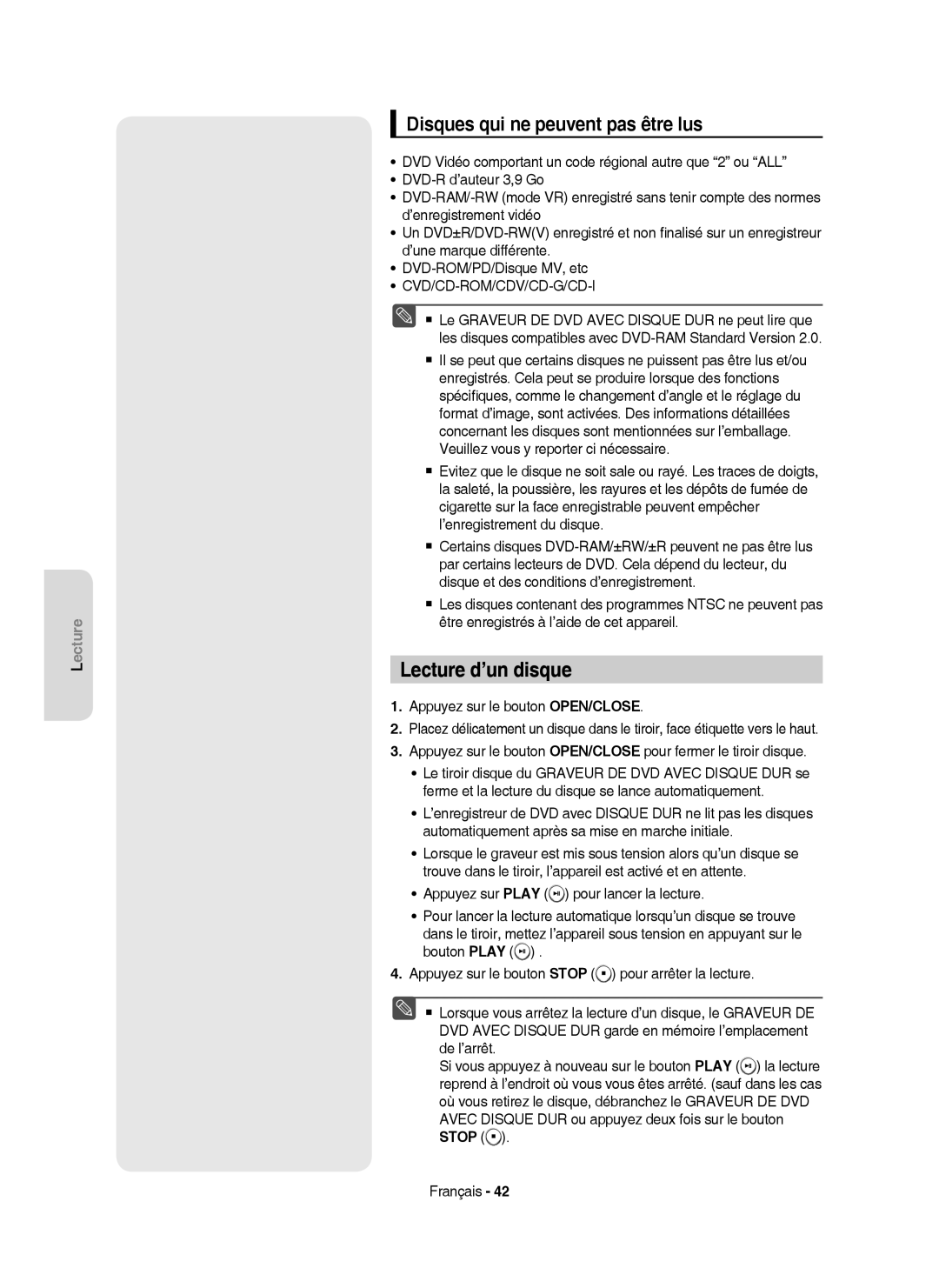 Samsung DVD-HR757/XEF manual Lecture d’un disque, Disques qui ne peuvent pas être lus, De l’arrêt 