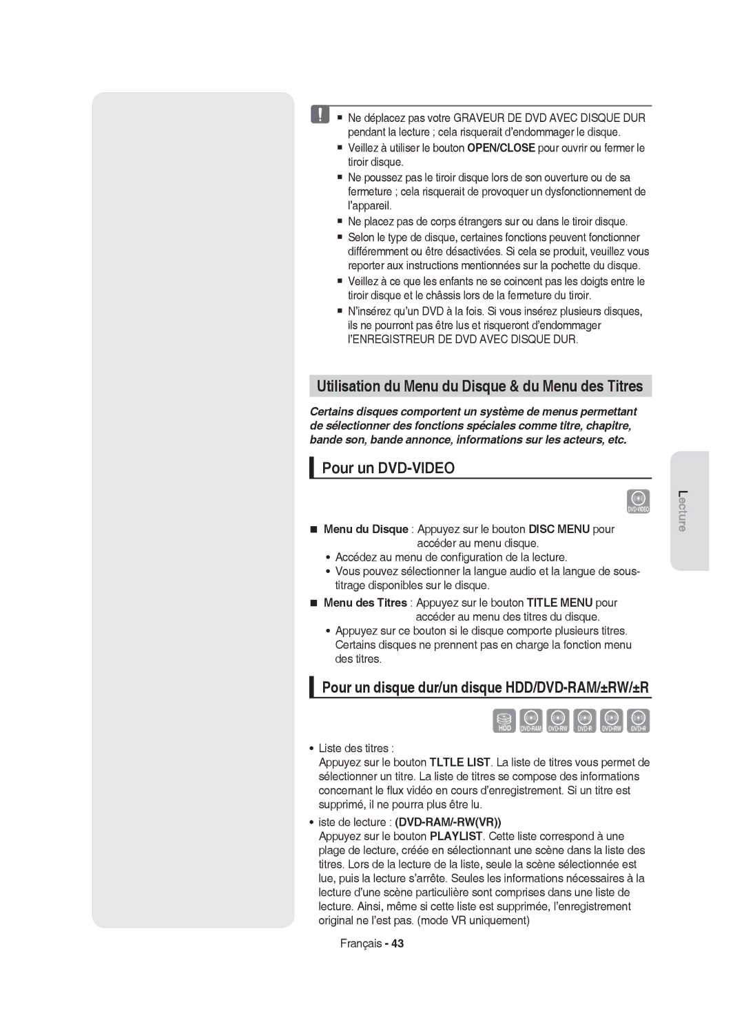 Samsung DVD-HR757/XEF manual Sxcvkl, Pour un DVD-VIDEO, Utilisation du Menu du Disque & du Menu des Titres 