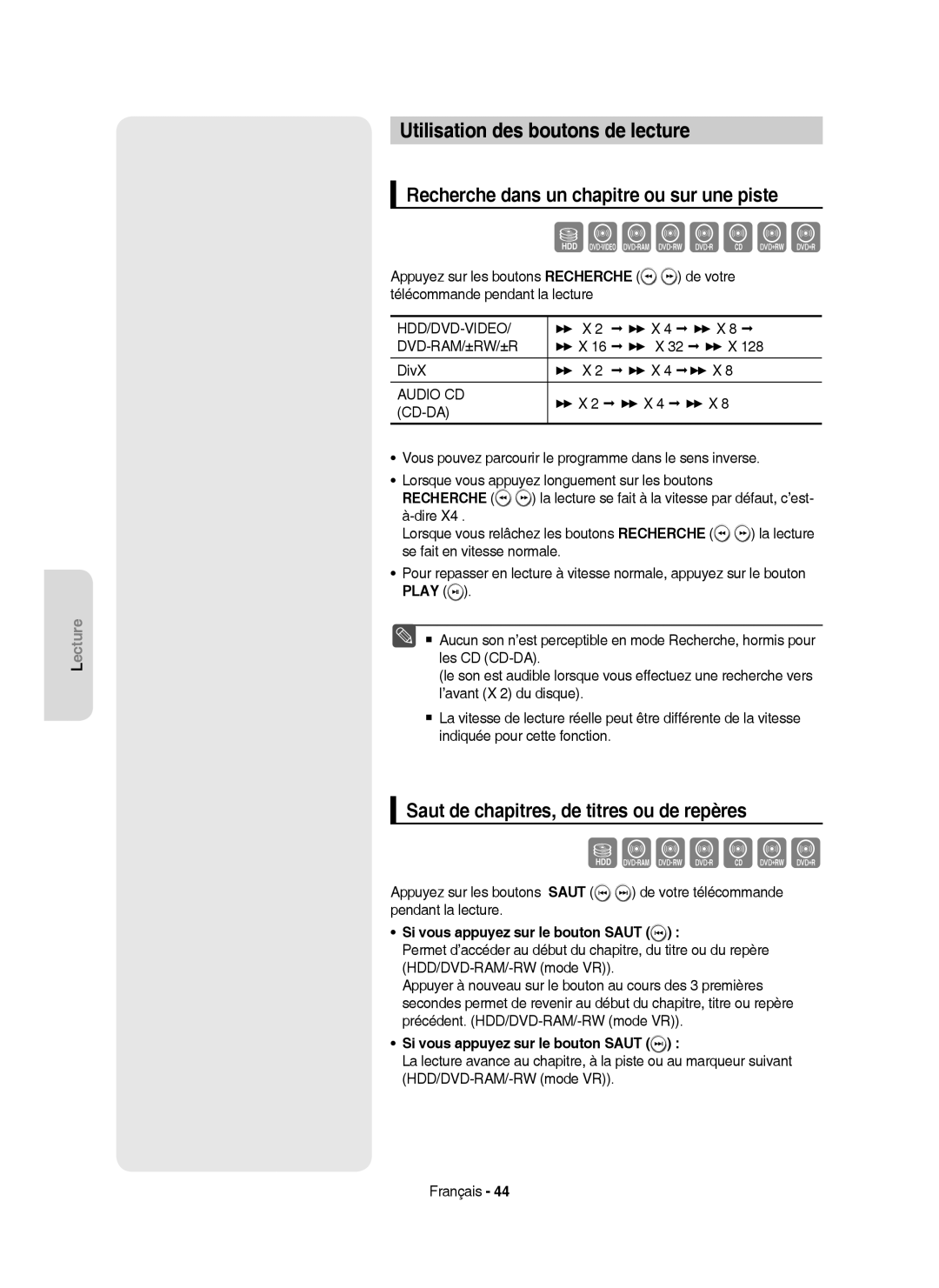 Samsung DVD-HR757/XEF Szxcvbkl, Sxcvbkl, Utilisation des boutons de lecture, Recherche dans un chapitre ou sur une piste 