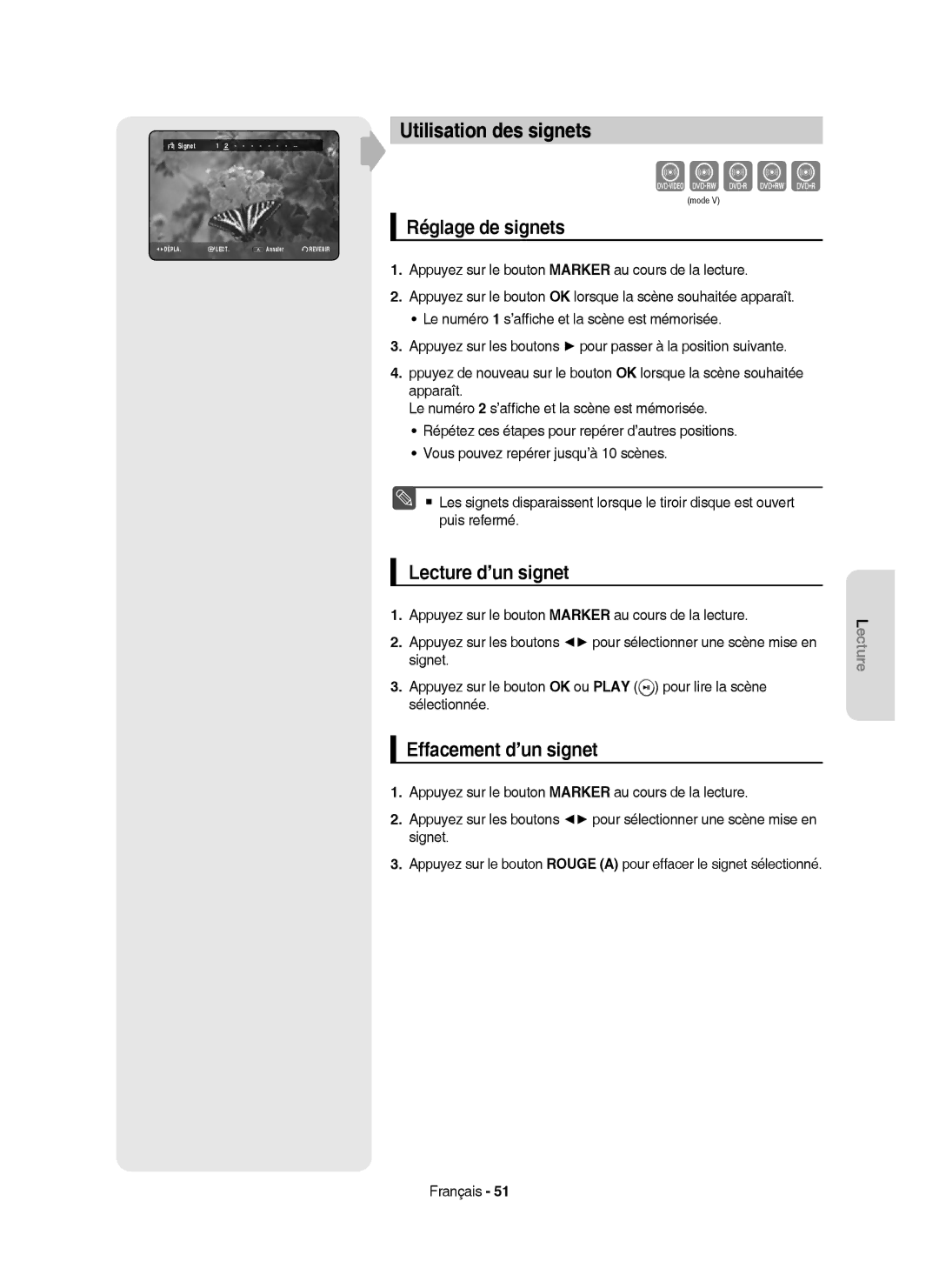 Samsung DVD-HR757/XEF Zcvkl, Utilisation des signets, Réglage de signets, Lecture d’un signet, Effacement d’un signet 