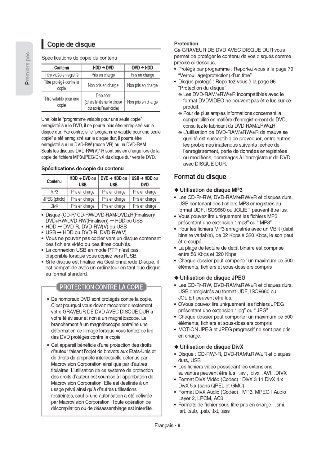 Samsung DVD-HR757/XEF manual Copie de disque, Format du disque, Utilisation de disque MP3, Utilisation de disque Jpeg 