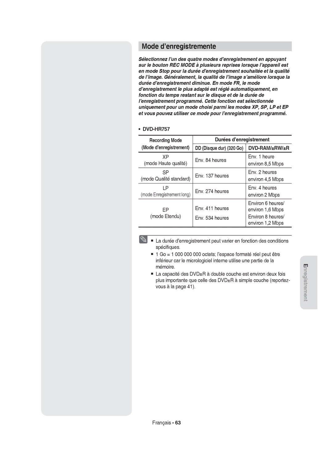 Samsung DVD-HR757/XEF manual Mode d’enregistremente, DVD-HR757 Recording Mode Durées d’enregistrement 