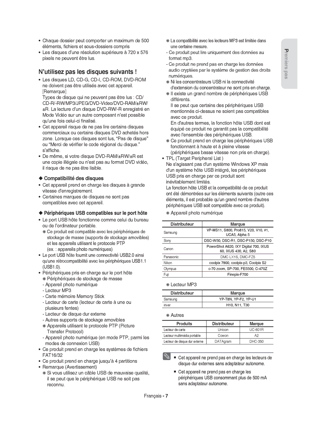 Samsung DVD-HR757/XEF ’utilisez pas les disques suivants, Compatibilité des disques, Appareil photo numérique, Autres 