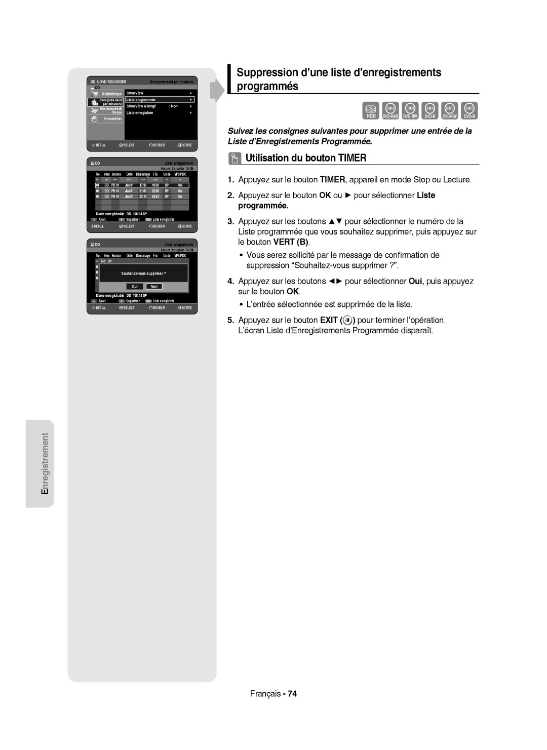 Samsung DVD-HR757/XEF manual Suppression d’une liste d’enregistrements programmés, Paramétrer 