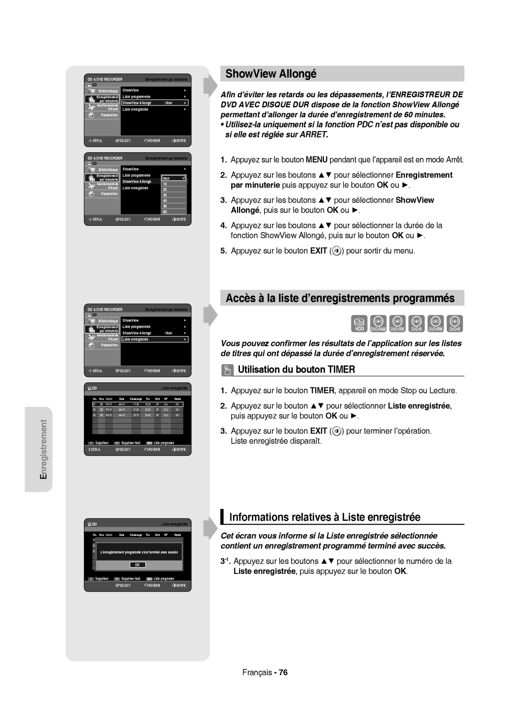 Samsung DVD-HR757/XEF manual ShowView Allongé, Accès à la liste d’enregistrements programmés, Liste programmée 