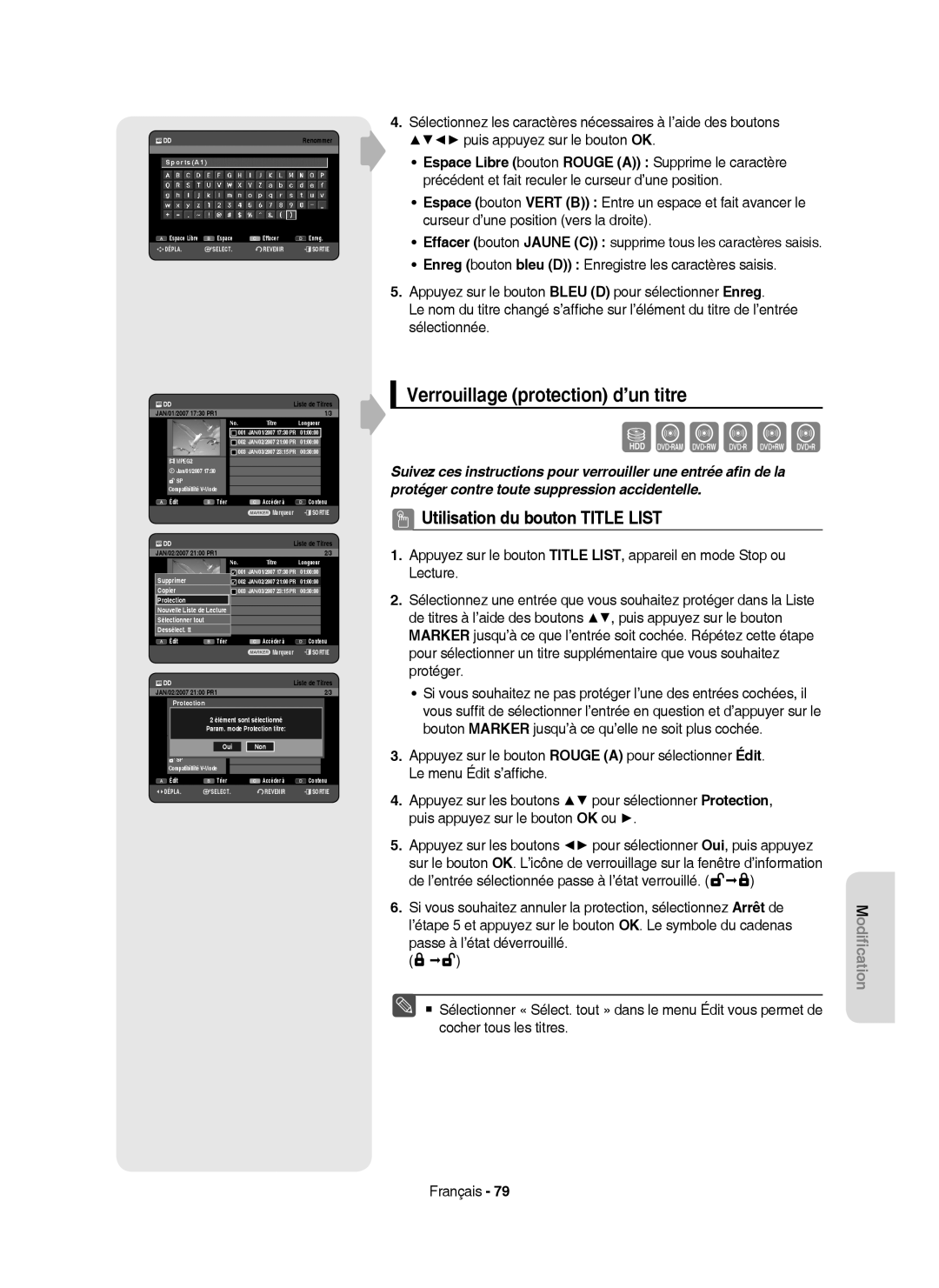 Samsung DVD-HR757/XEF manual Verrouillage protection d’un titre, SportsA1, JAN/02/2007 2100 PR1 Protection, Param 