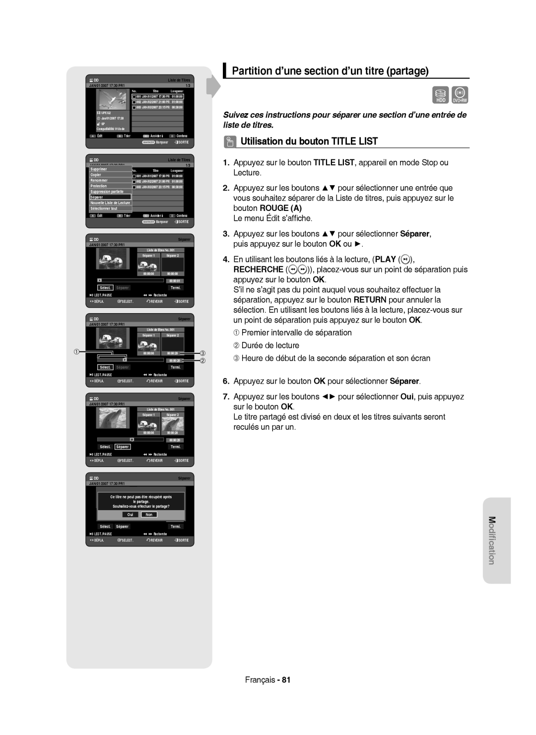 Samsung DVD-HR757/XEF manual Partition d’une section d’un titre partage, Séparer Nouvelle Liste de Lecture 1 SP, Termi 