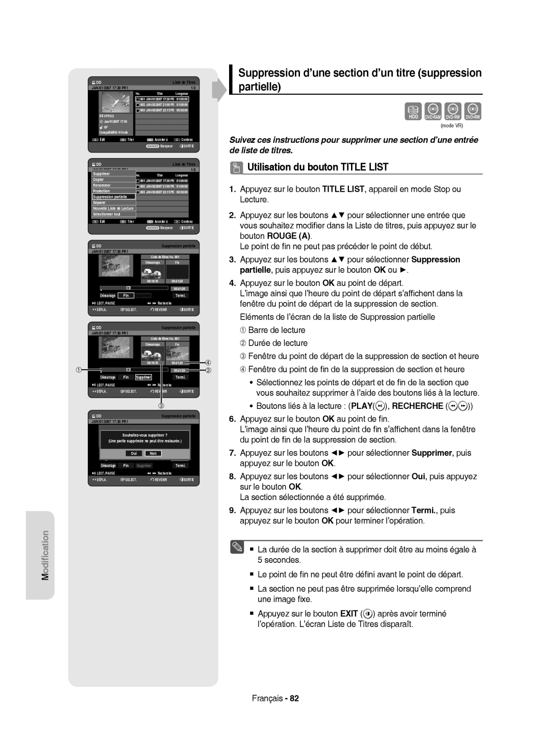 Samsung DVD-HR757/XEF Sxck, Suppression d’une section d’un titre suppression partielle, Fin Supprimer Termi, Restaurée 