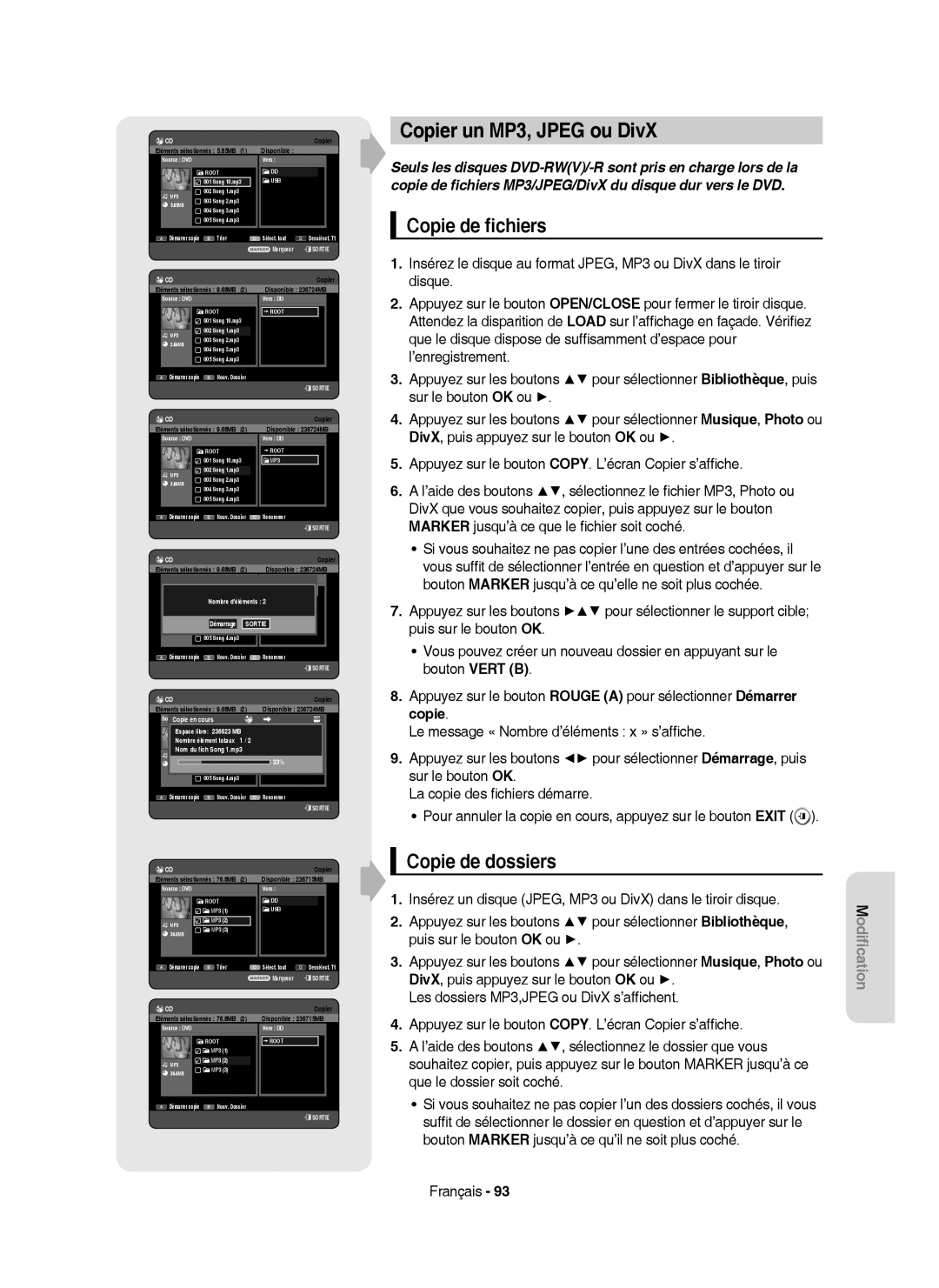 Samsung DVD-HR757/XEF manual Copier un MP3, Jpeg ou DivX, Copie de ﬁchiers, Copie de dossiers 