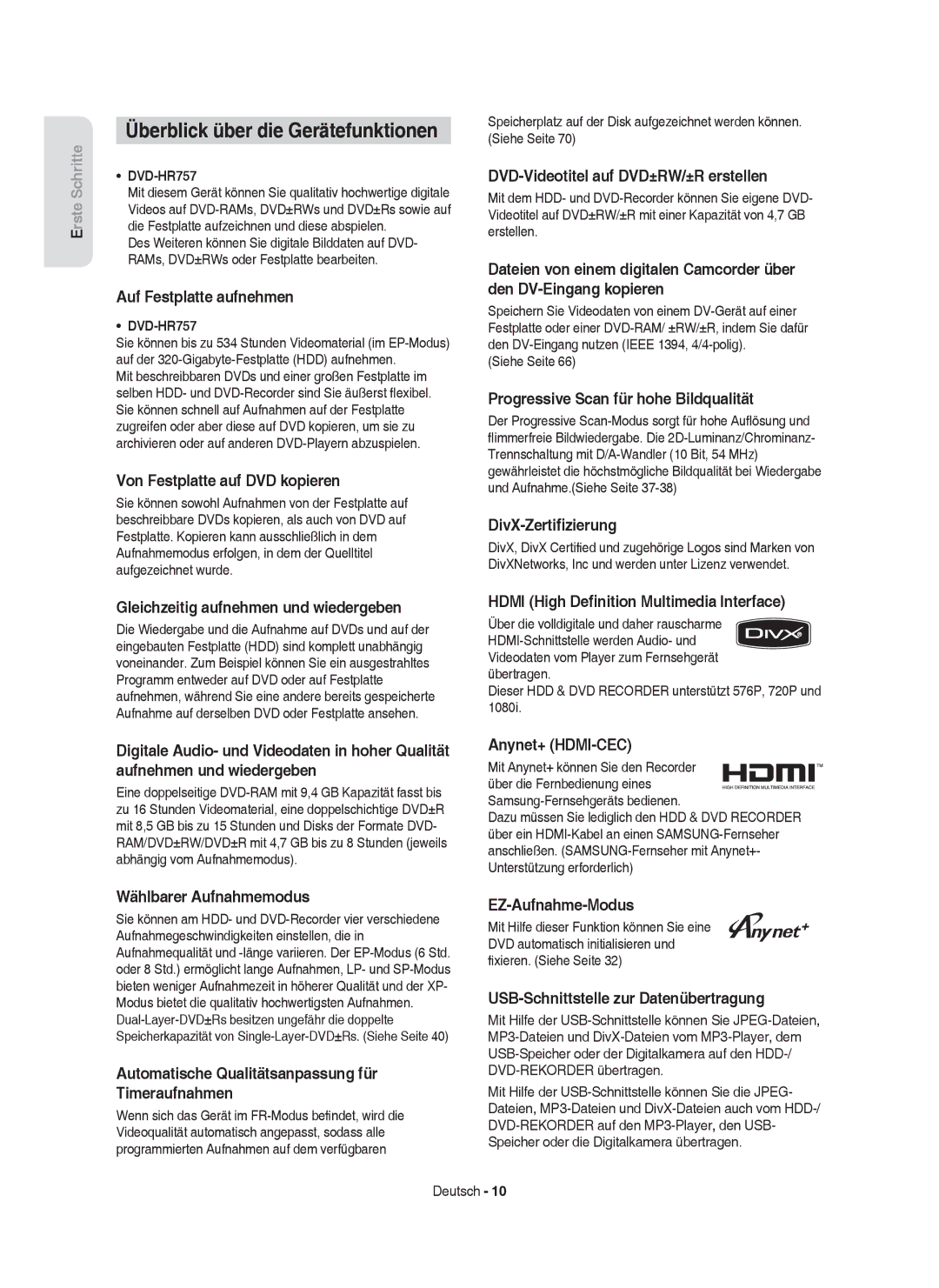 Samsung DVD-HR757/XEG, DVD-HR757/XEB manual Überblick über die Gerätefunktionen 