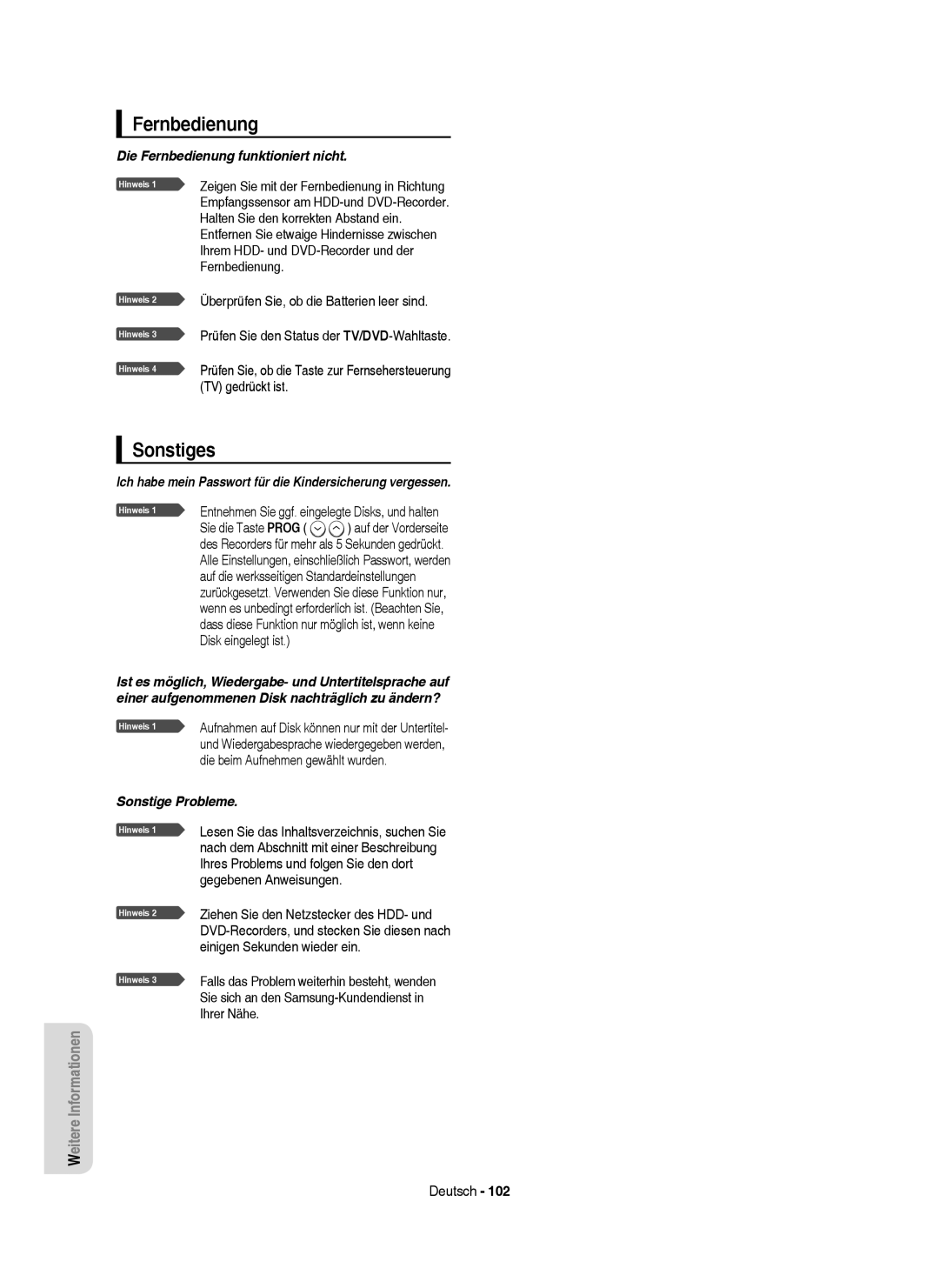 Samsung DVD-HR757/XEG, DVD-HR757/XEB manual Sonstiges, Die Fernbedienung funktioniert nicht, Sonstige Probleme 