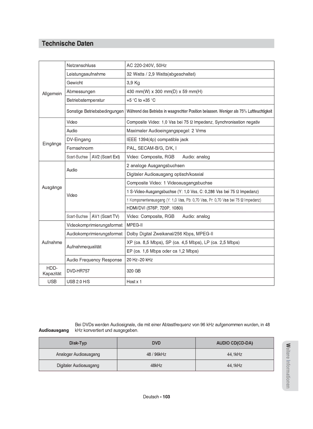 Samsung DVD-HR757/XEB, DVD-HR757/XEG manual Technische Daten, Pal, Secam-B/G, D/K, Mpeg-Ii, HDD DVD-HR757, DVD Audio CDCD-DA 