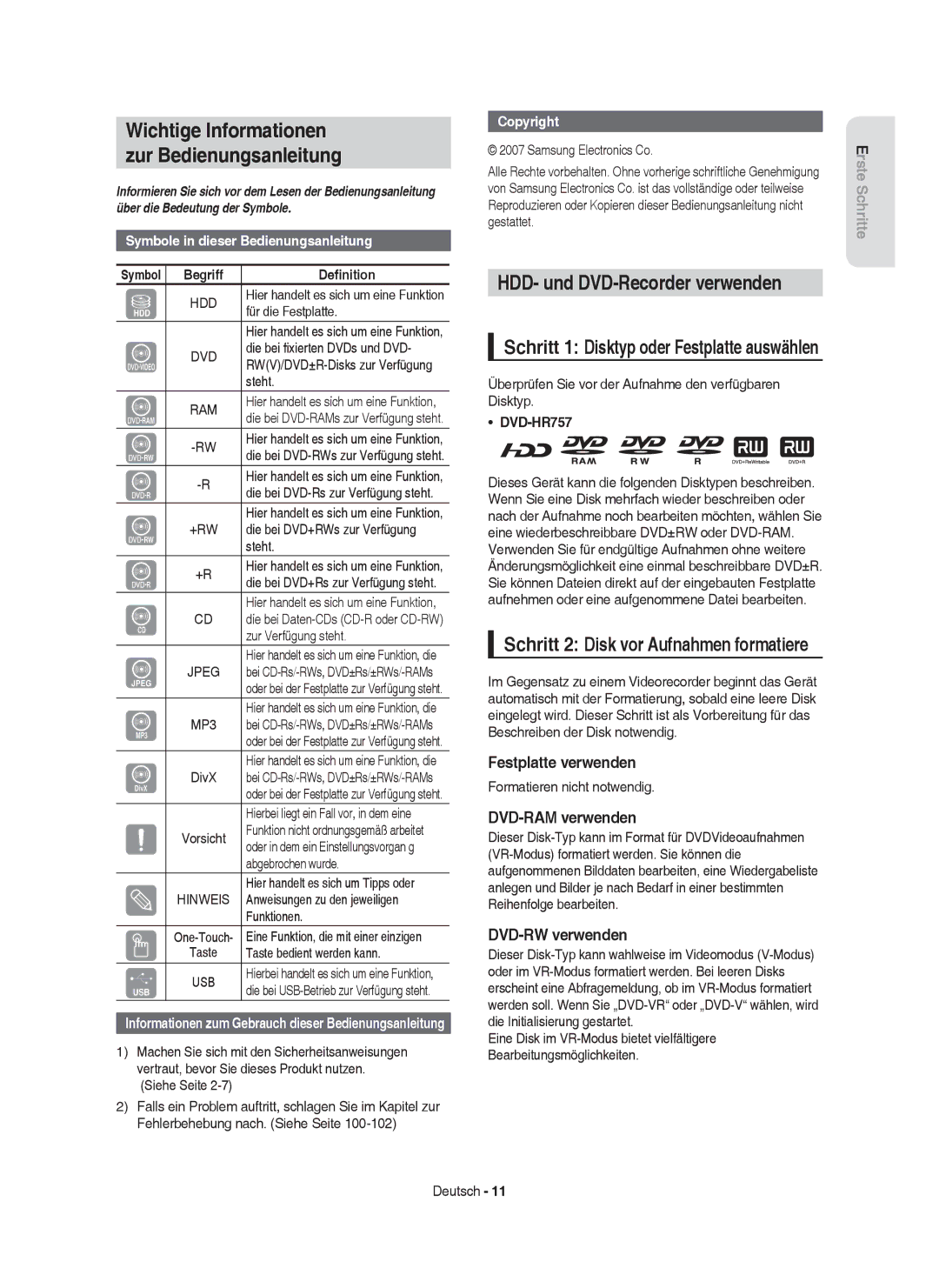 Samsung DVD-HR757/XEB, DVD-HR757/XEG manual Wichtige Informationen Zur Bedienungsanleitung, HDD- und DVD-Recorder verwenden 