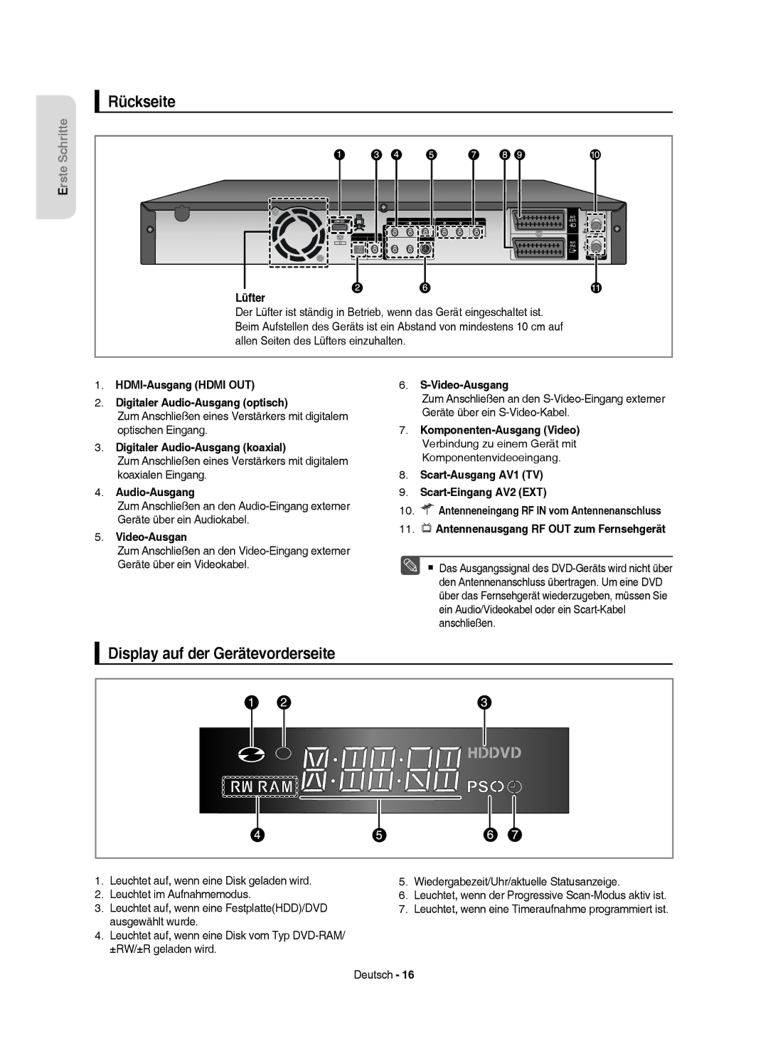 Samsung DVD-HR757/XEG, DVD-HR757/XEB manual Rückseite, Display auf der Gerätevorderseite 