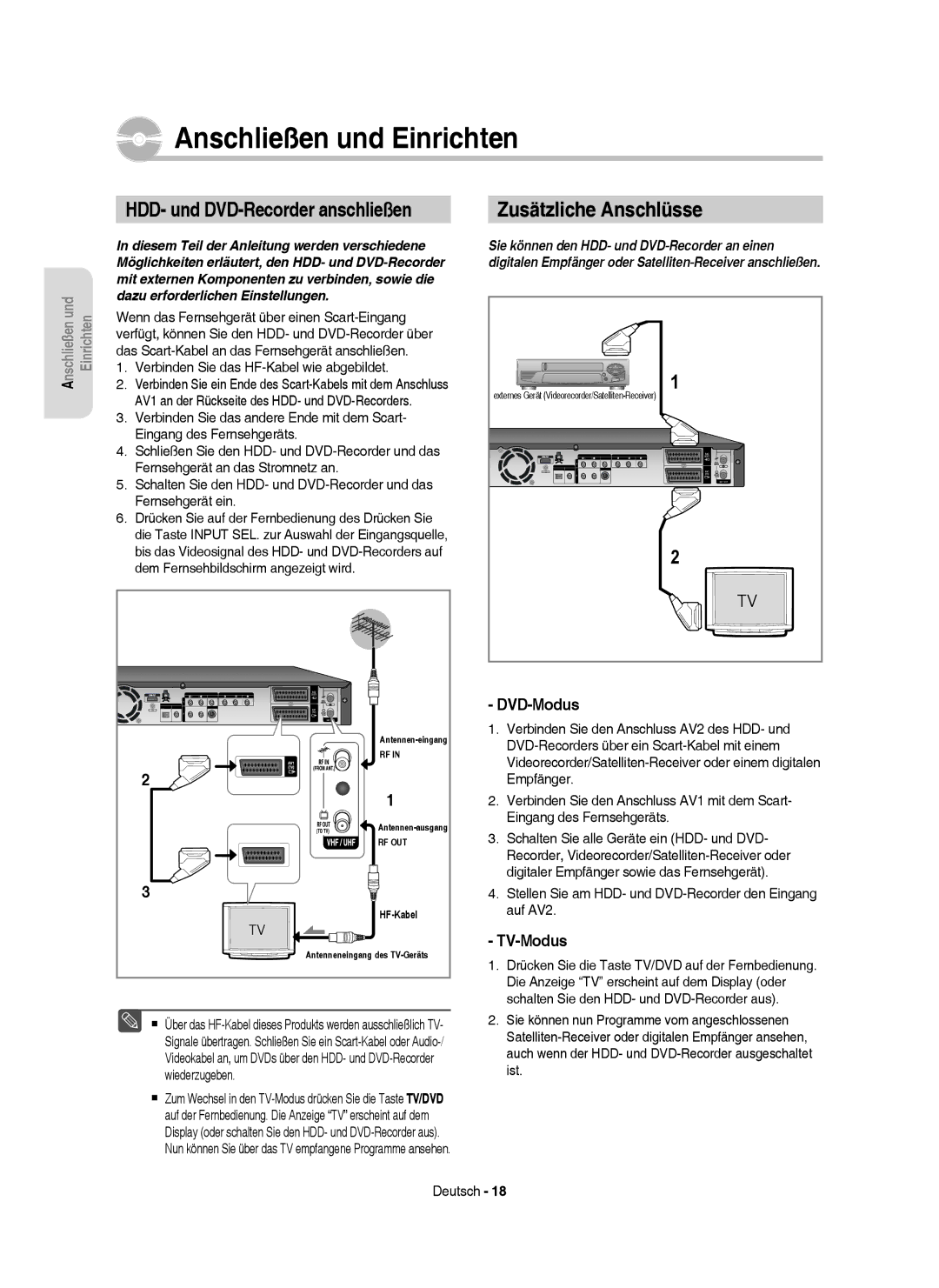 Samsung DVD-HR757/XEG, DVD-HR757/XEB manual HDD- und DVD-Recorder anschließen, Zusätzliche Anschlüsse, DVD-Modus, TV-Modus 