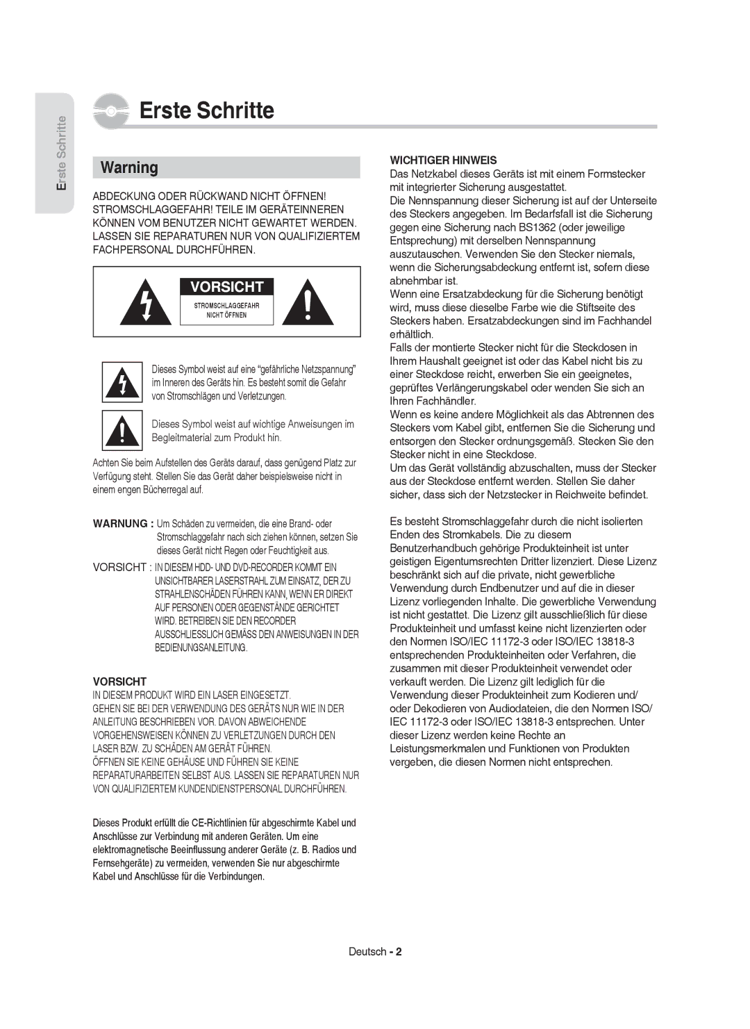 Samsung DVD-HR757/XEG, DVD-HR757/XEB manual Vorsicht, Diesem Produkt Wird EIN Laser Eingesetzt, Wichtiger Hinweis 